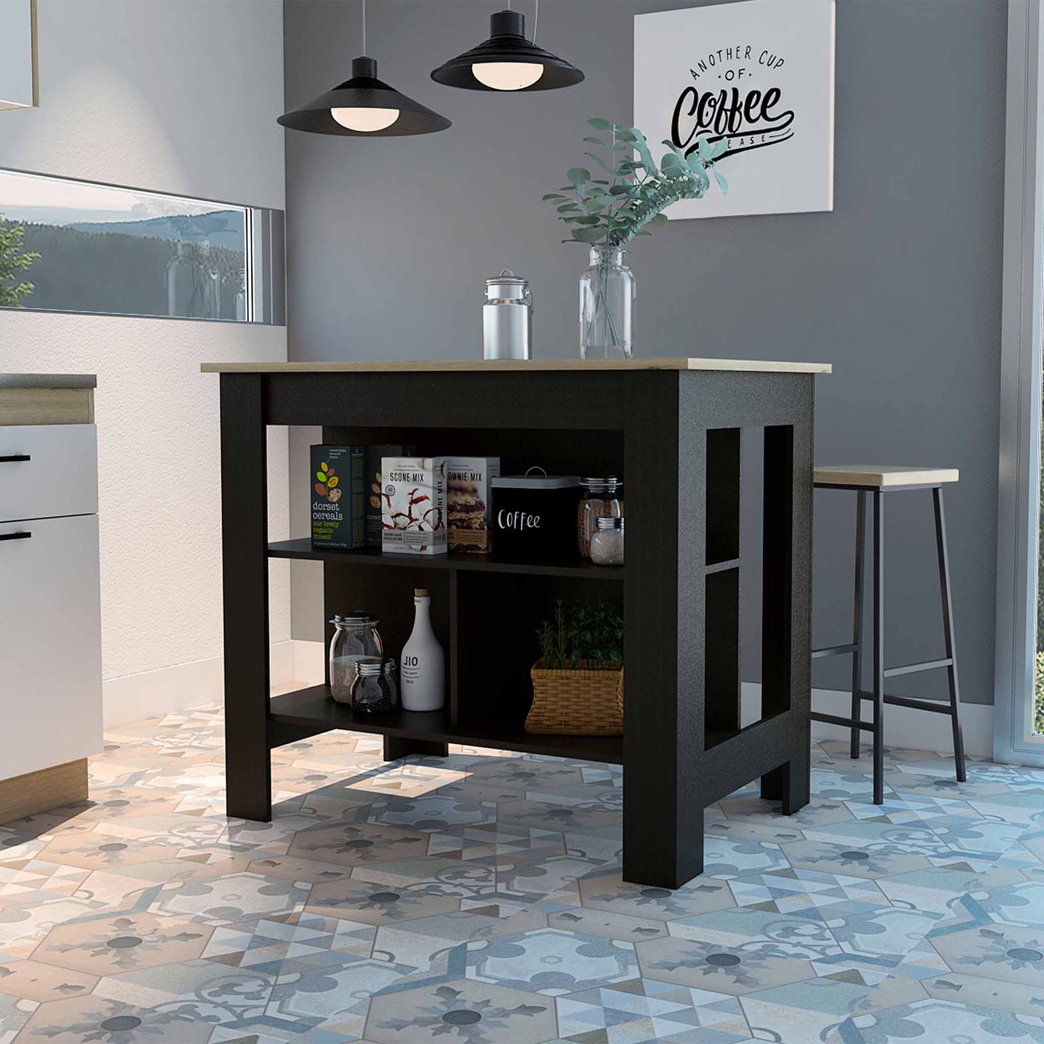 FM FURNITURE Brooklyn Kitchen Island, Black Wengue, Surface Color Light Oak, With 3 uncovered shelves