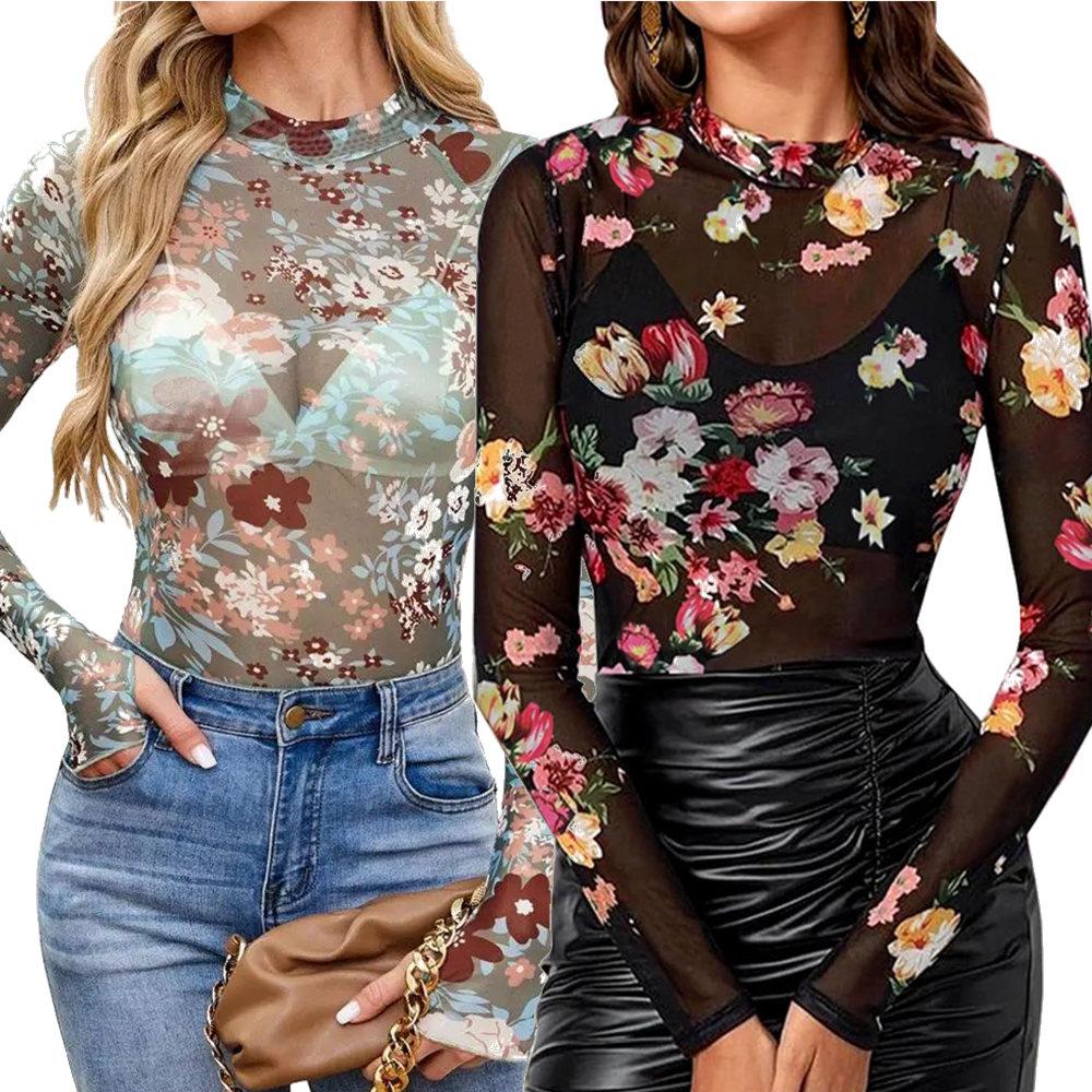 Floral Mesh Long Sleeve Tops for Women Mock Neck See Through Fitted Sexy Going Out Top