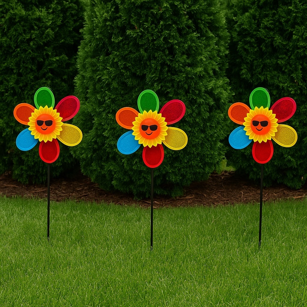 3-Pack Sparkling Sunflower Garden Spinners – Colorful Yard Pinwheels with Smiling Faces