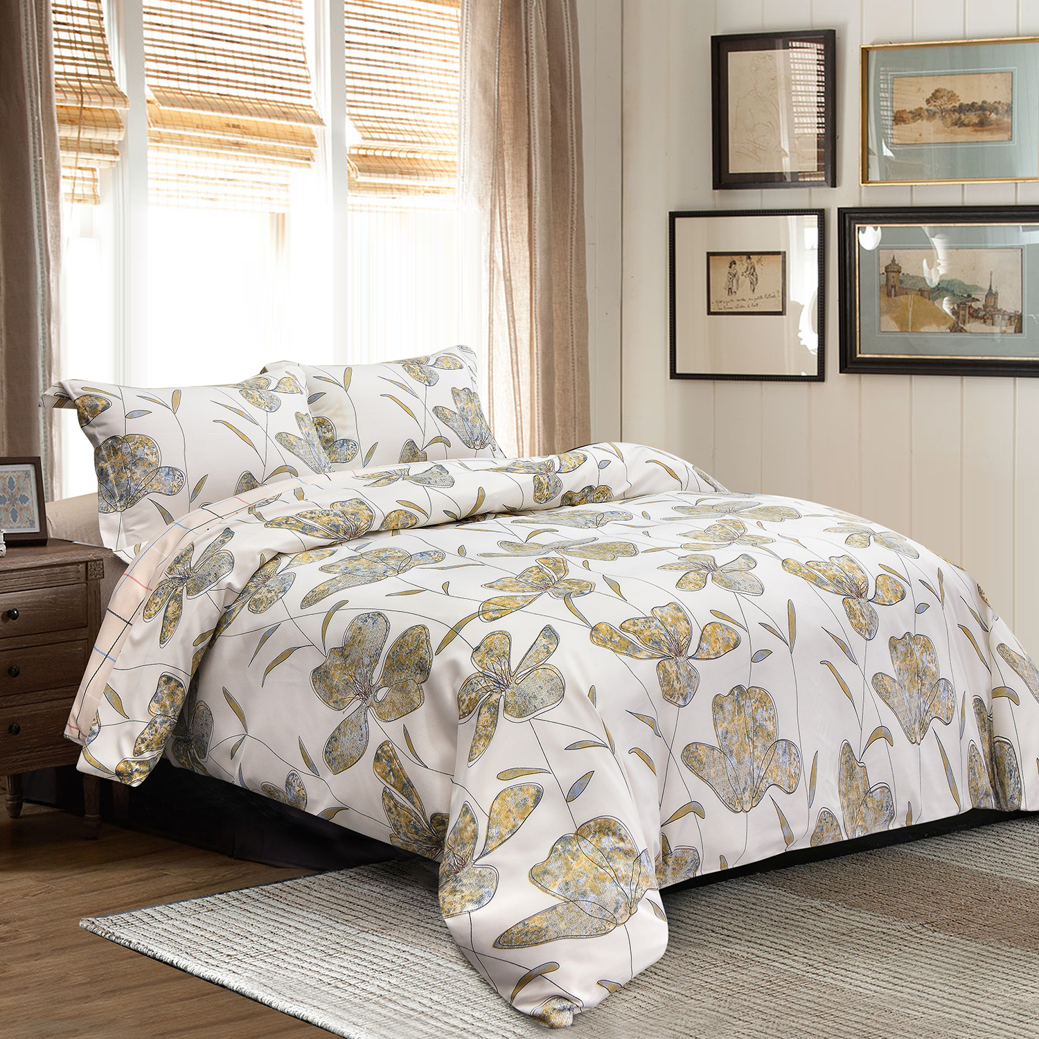 3 Piece Reversible Duvet Cover - Floral Design - Queen Size