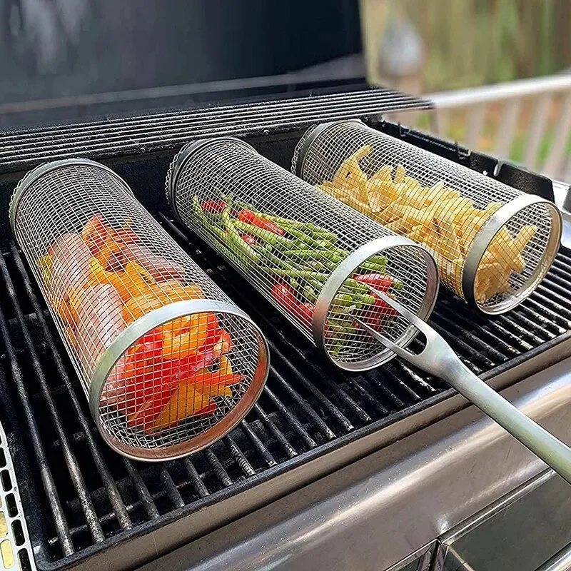 1PC BBQ Basket Stainless Steel Rolling Grilling Basket Wire Mesh Cylinder Grill Basket Portable Round Barbecue Rack