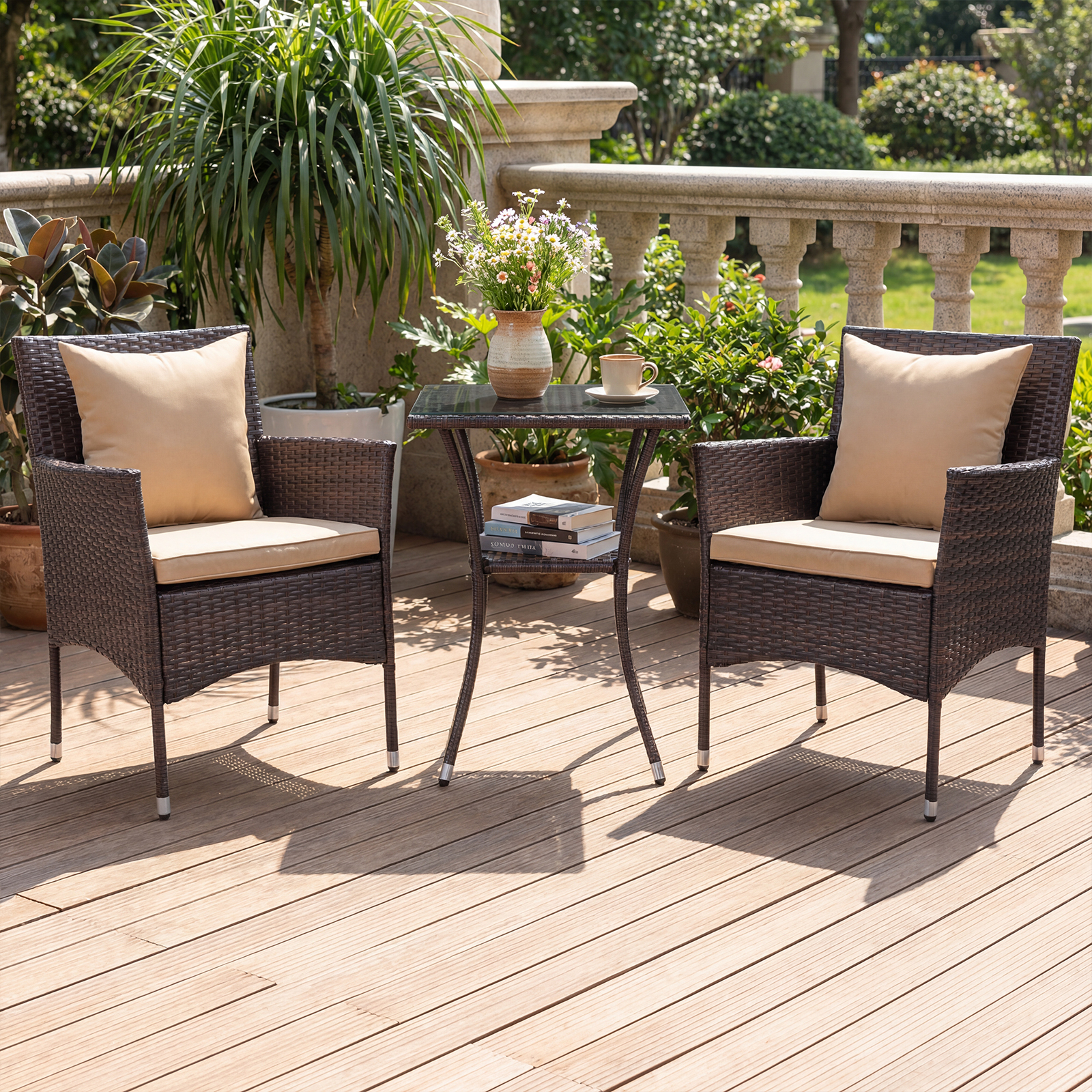 Costway 3-Piece Cushioned Patio Set with Glass Table