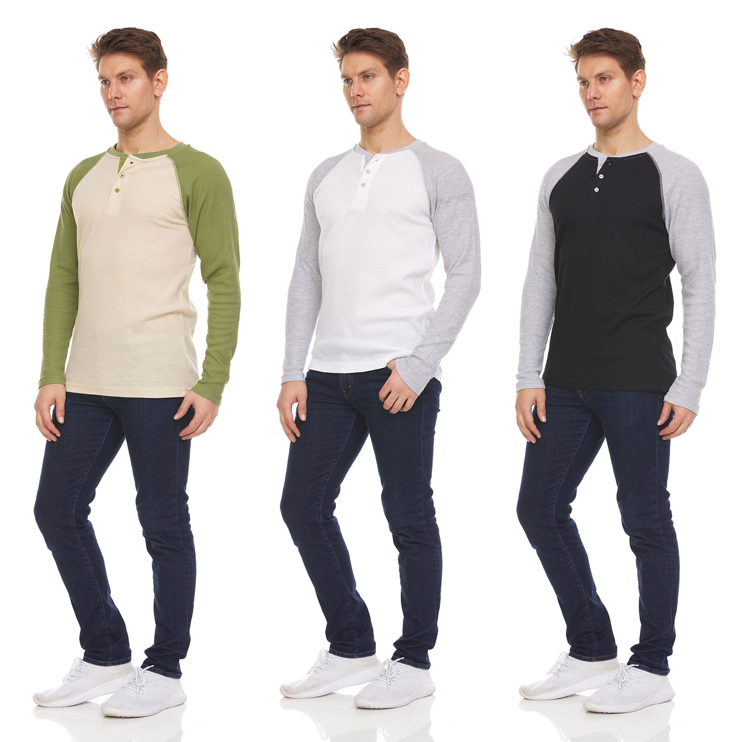 3-Pack Men's Thermal Crew Long Sleeve Henley Tops (S-3X)