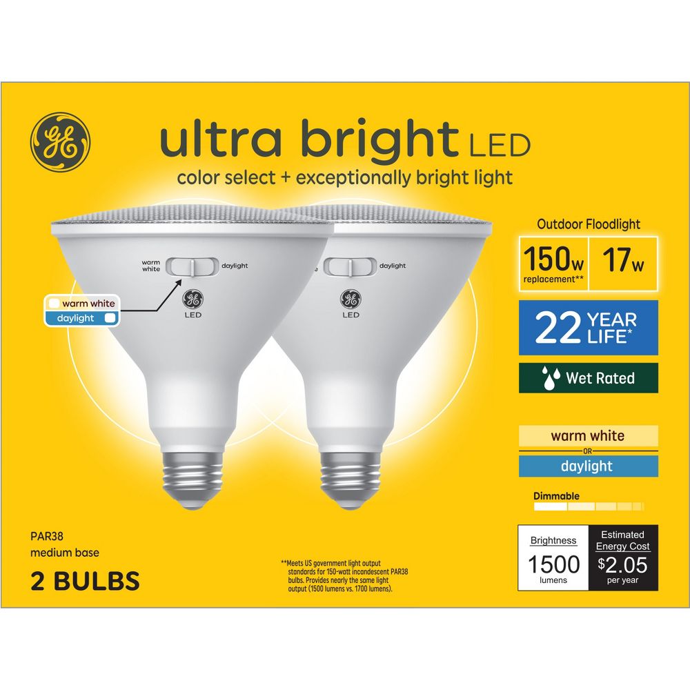 2-Pack GE Ultra Bright LED Light Bulb, 150 Watt, Warm White, PAR38 Outdoor Floodlight