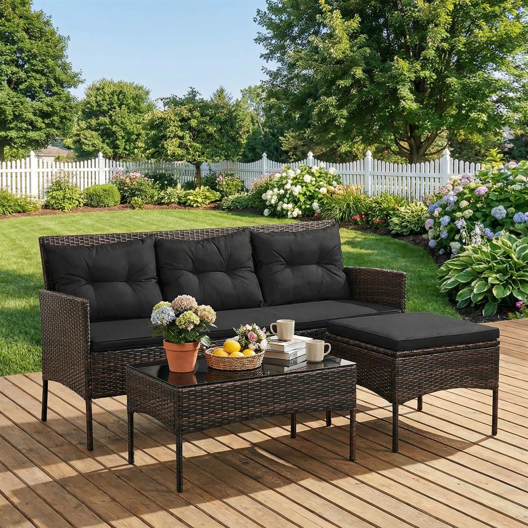 3 Pieces Patio Furniture Sectional Set with 5 Cozy Cushions-Black
