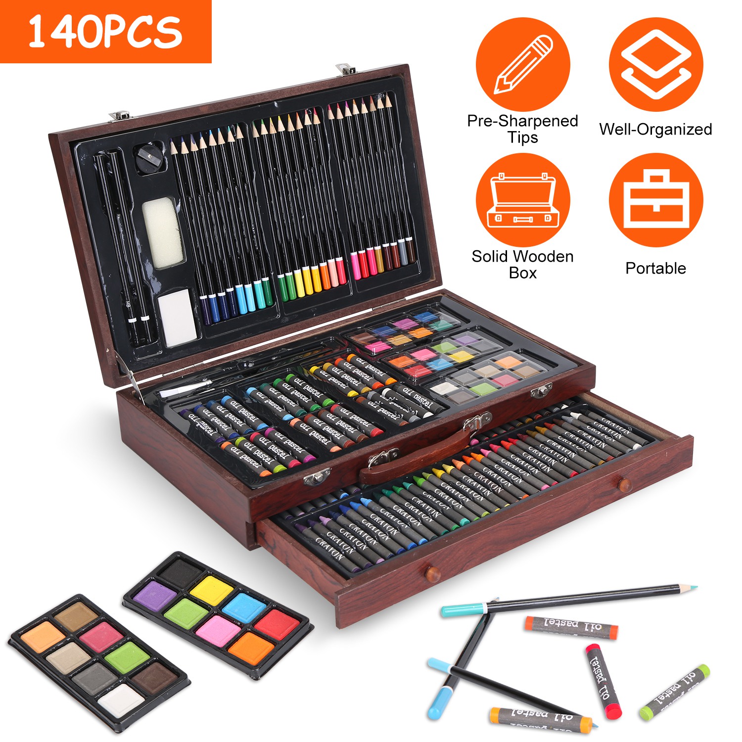 140Pcs Art Supplies With Colored Pencils Oil Pastels Crayons, Watercolor Cakes Brushes Sharpener Eraser In Elegant Wooden Box Professional Art Kit