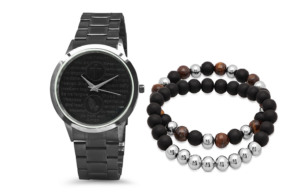 Bracelet & Watch Set W/ Tiger Eye And Black Lava Bracelet
