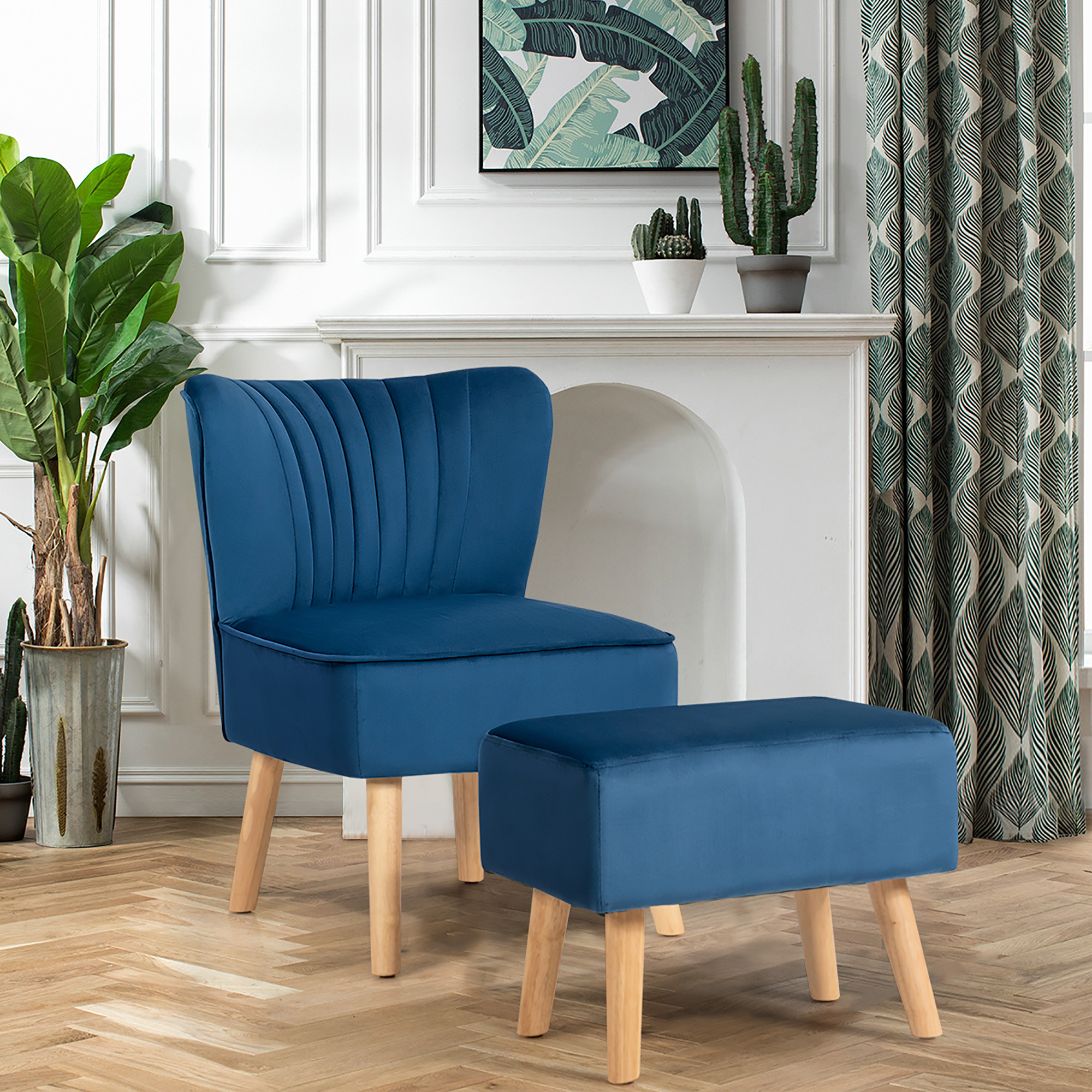 Costway Leisure Chair and Ottoman Thick Padded Velvet Tufted Sofa Set w/ Wo