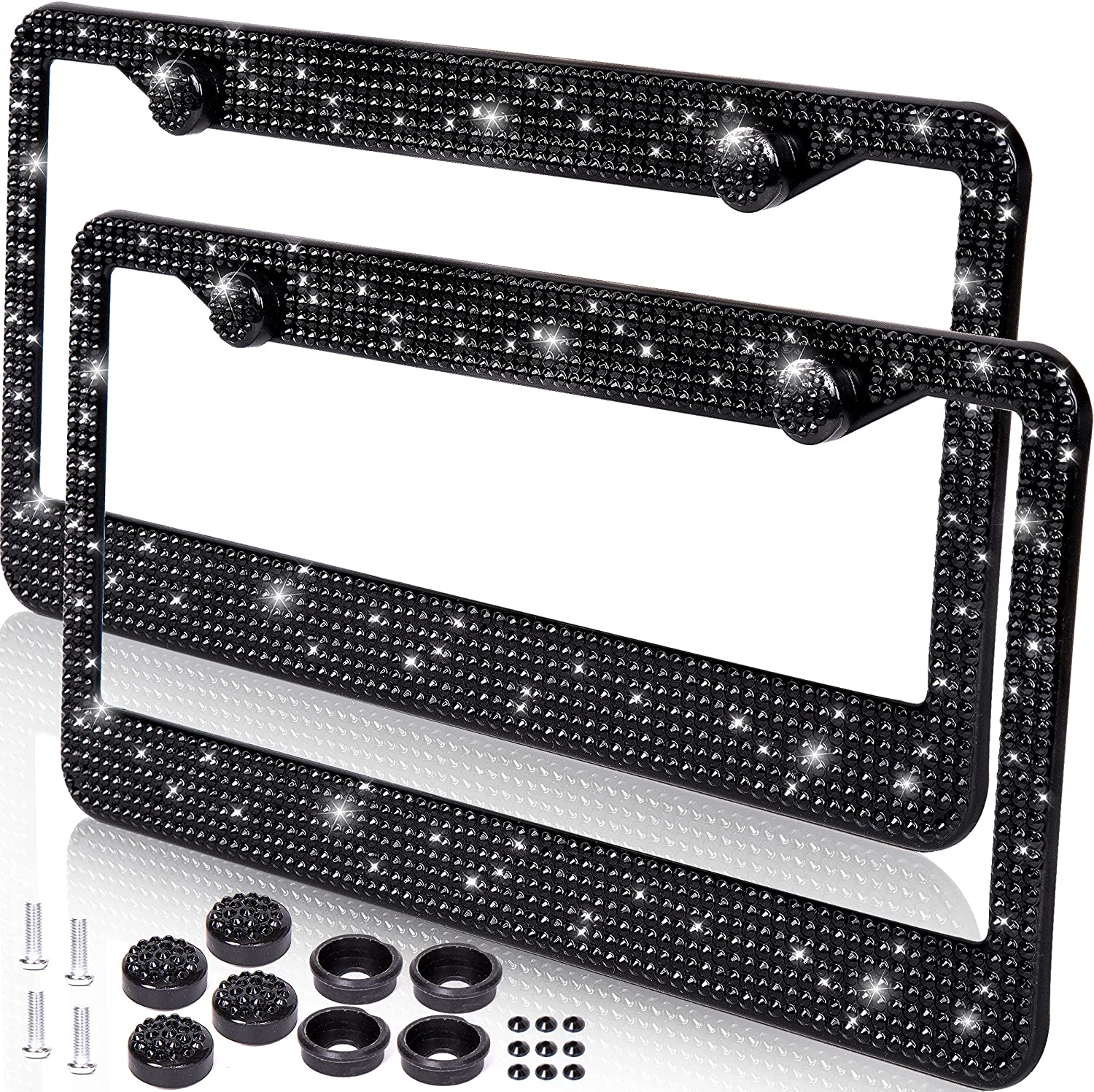 2-Pack Black Metal Diamond License Plate Frame Cover