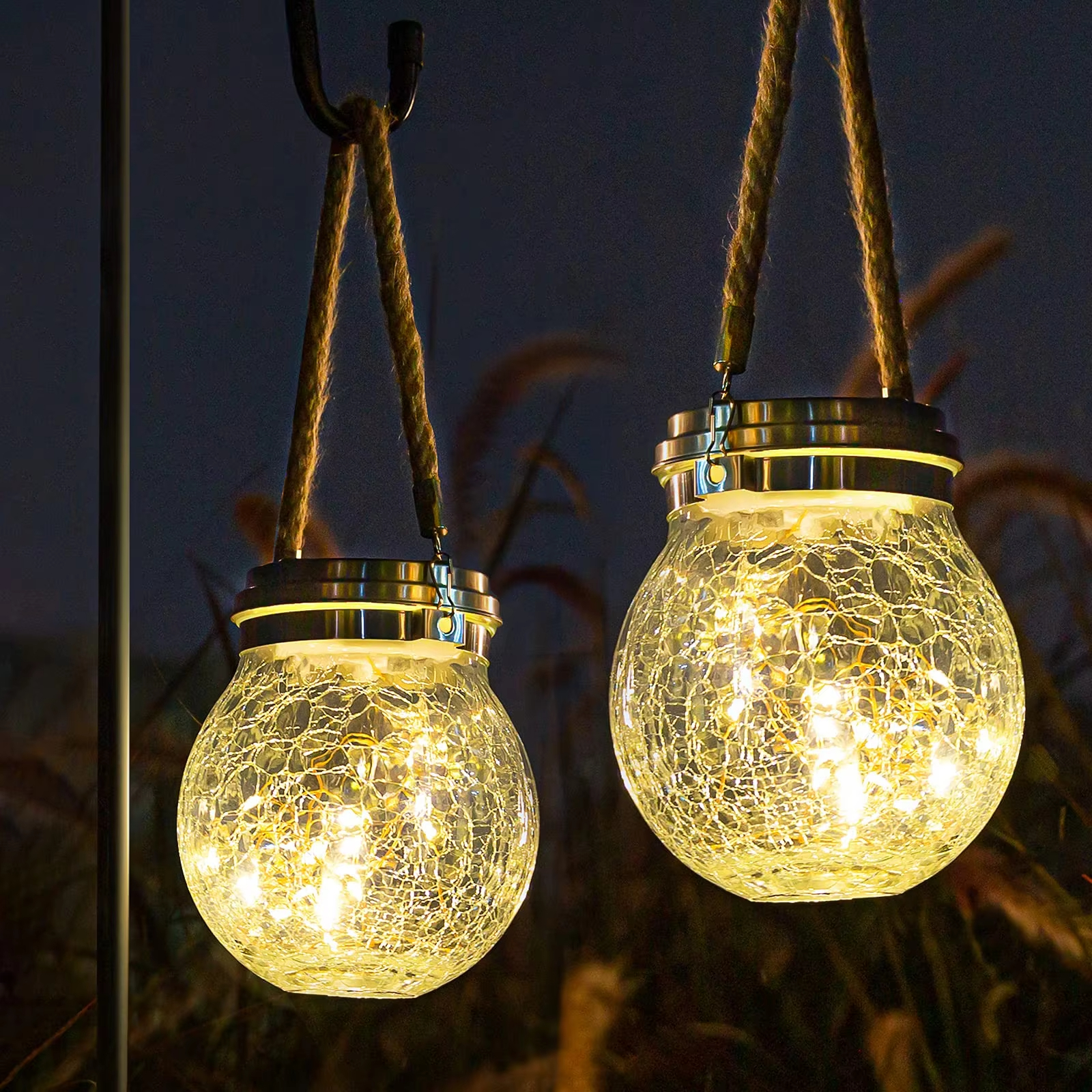 2 Pack Solar Lantern Crackle Glass Ball, Garden Hanging Solar Lights Waterproof Lanterns for Outdoor Decor Patio Yard Lawn Pathway