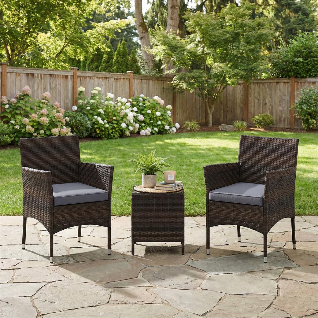 3 Pieces Outdoor Conversation Set with Cushioned Seat and Glass Tabletop-Gray