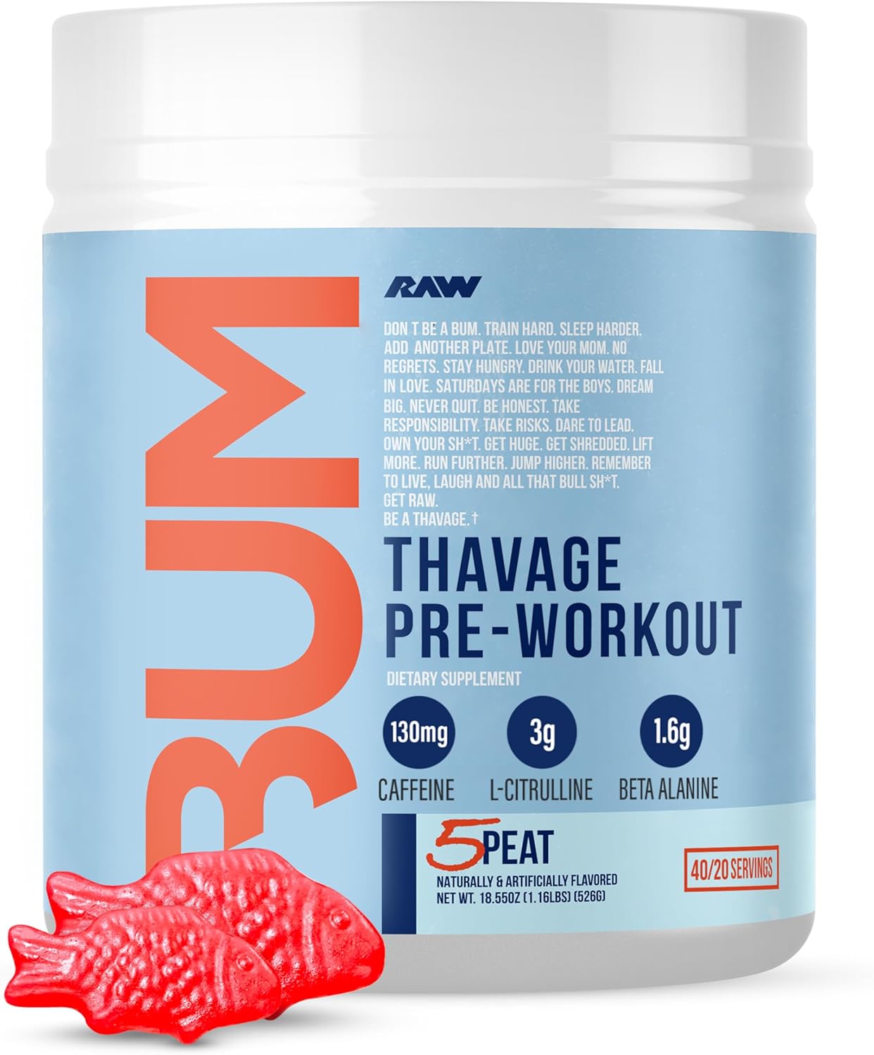 RAW Pre Workout Powder, Thavage (5 Peat, Red Gummy)