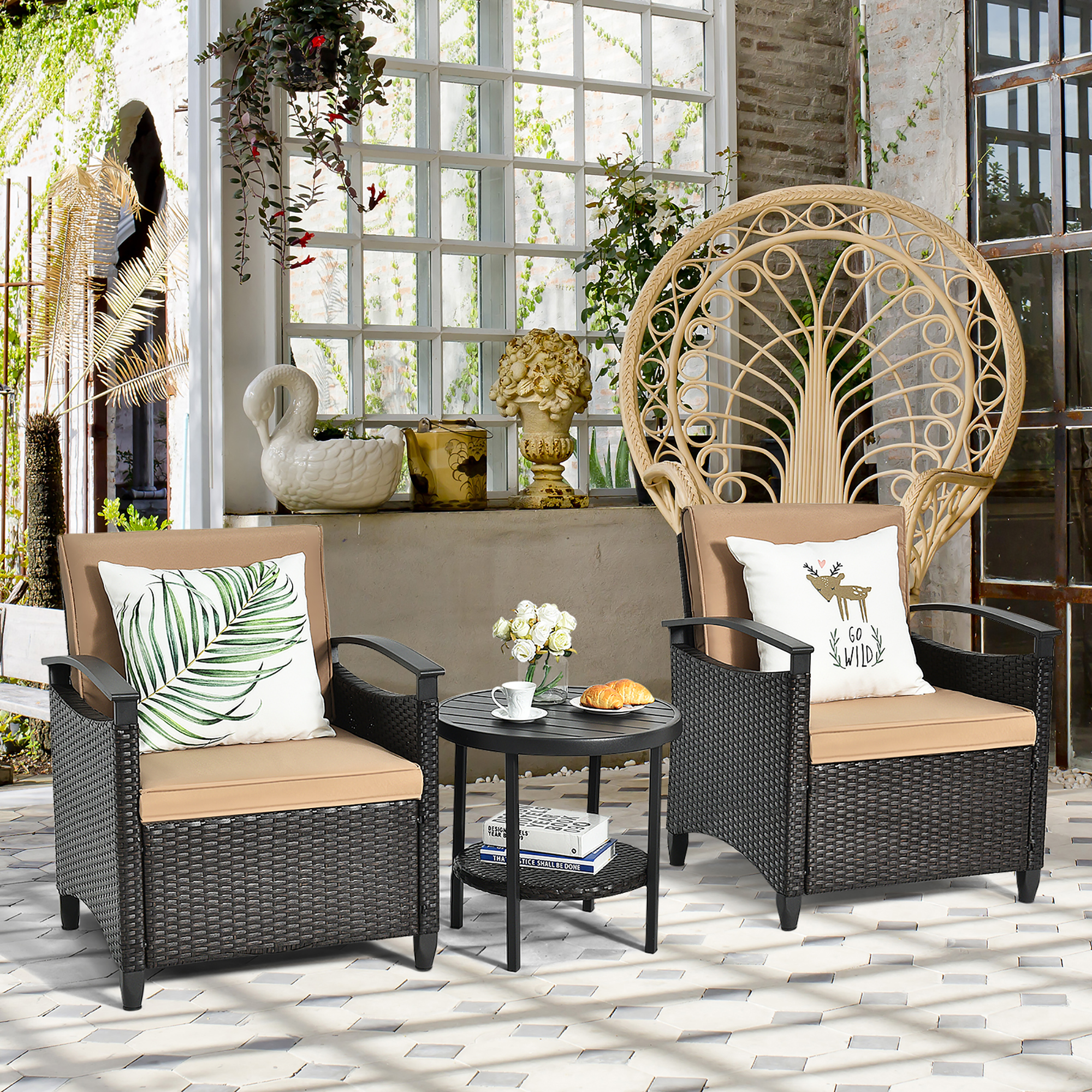 Costway 3-Piece Rattan Patio Set with Cushioned Sofa & Storage Table