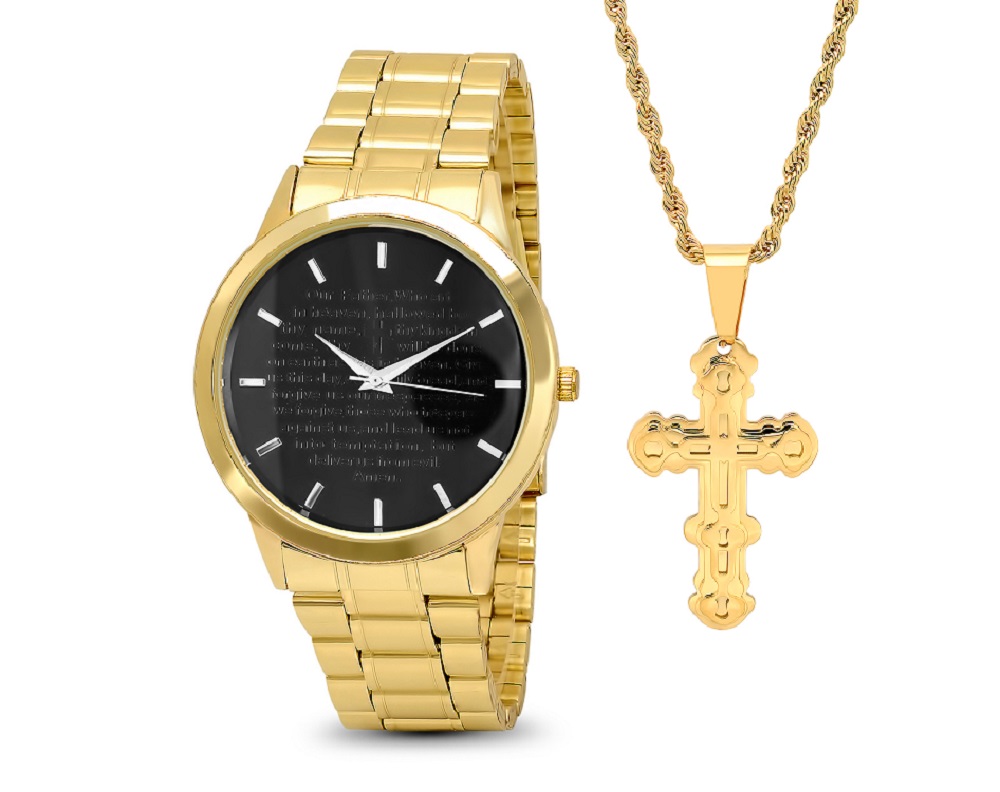 Gold Plated Pendant & Watch Set W/Double Cross Pendant Chain