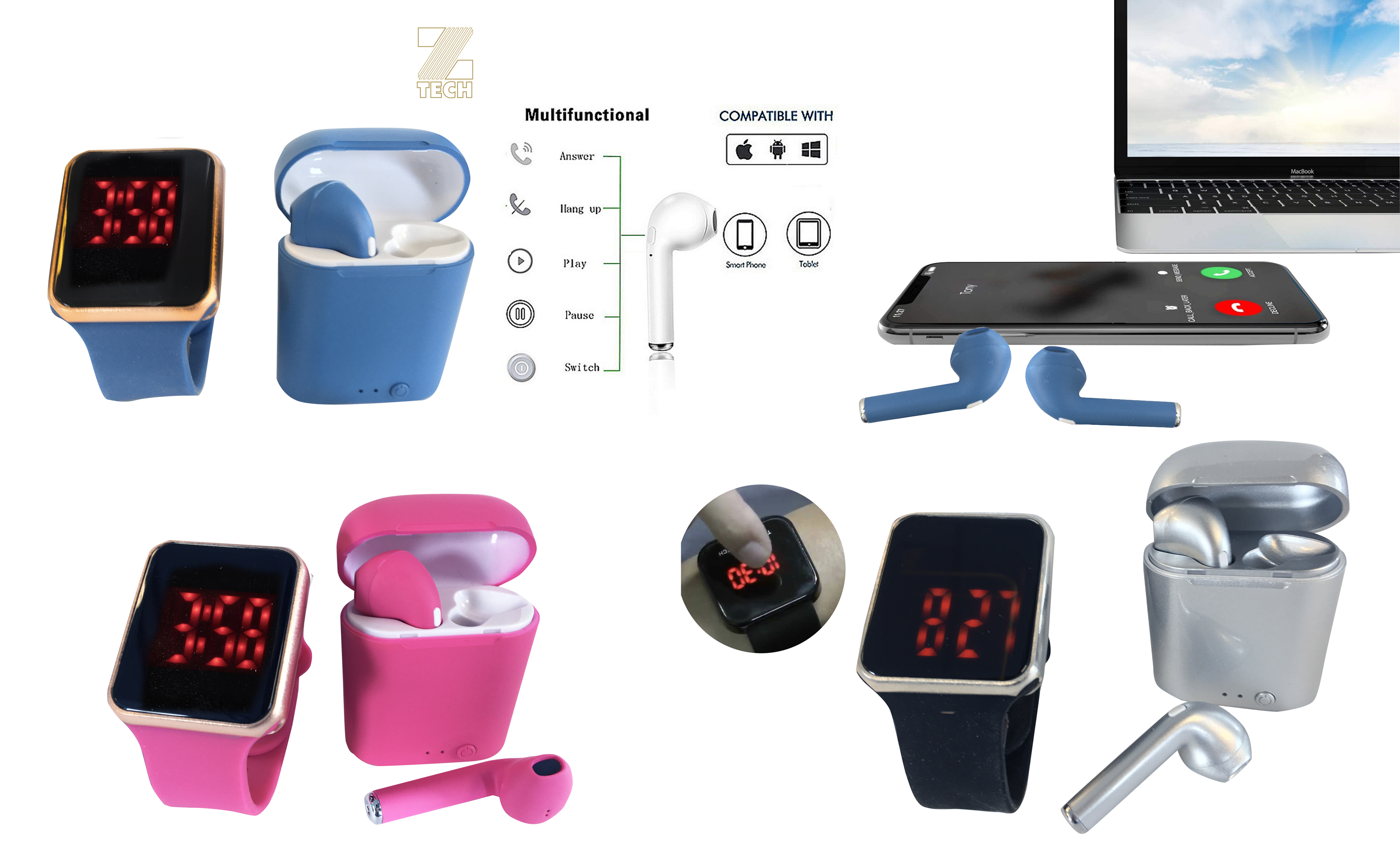 LED Touch Watch and Wireless Headphones with Portable Charging Case Set