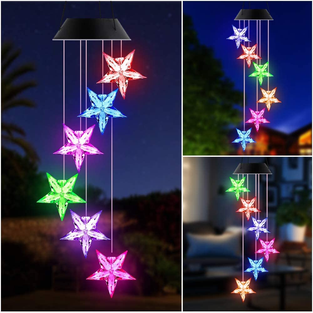 LED Solar Wind Chime Light Crystal Color-Changing Star Garden Decor Light