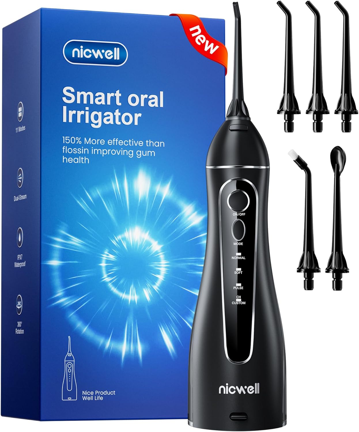 Nicwell Cordless Water Dental Flosser – Portable IPX7 Oral Irrigator with 4 Modes & 11 Levels