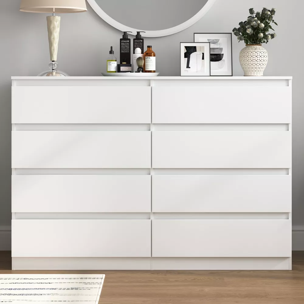 Resenkos Mid Century Modern 8 Drawer Dresser for Bedroom with Hidden Handle White