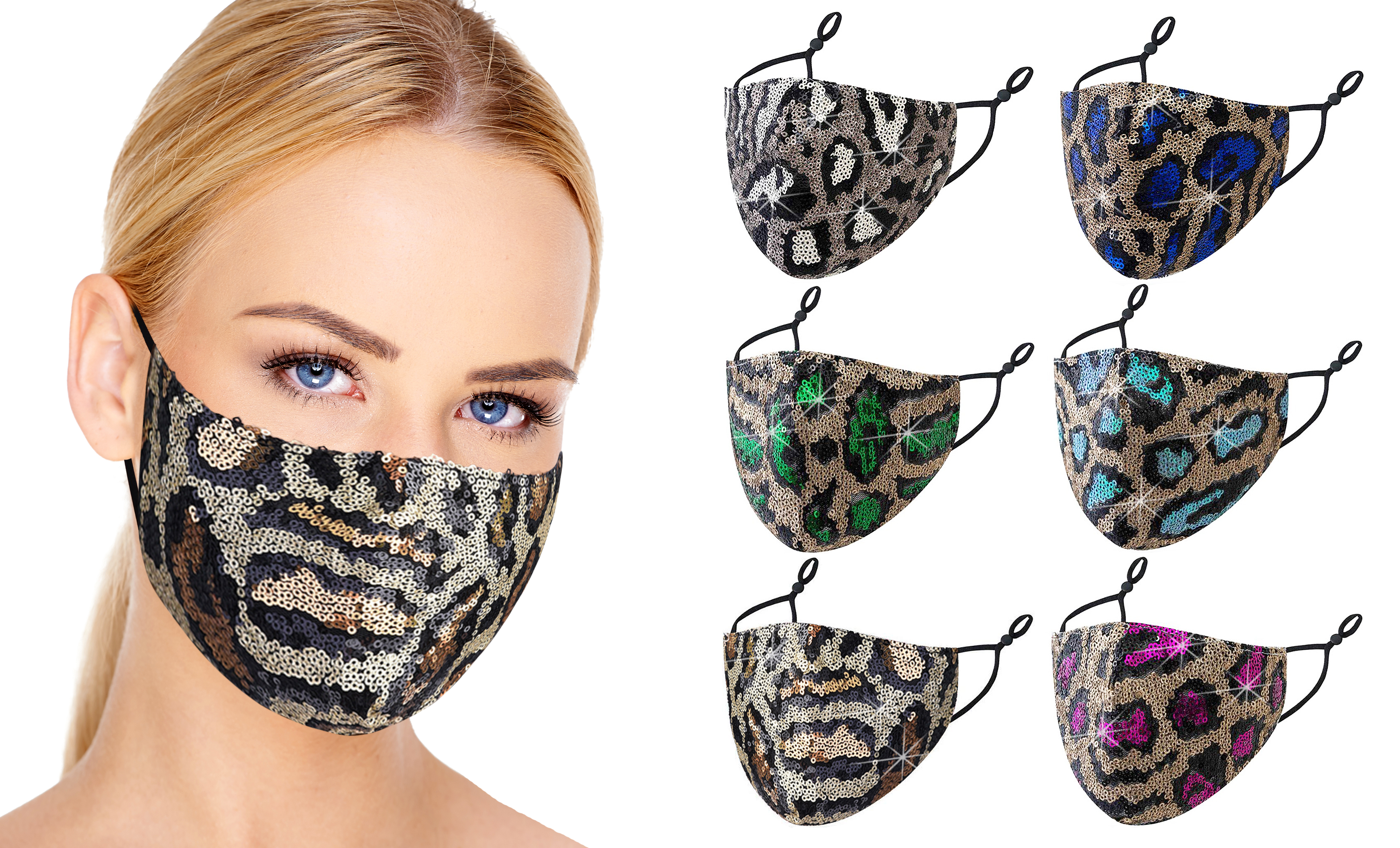 6-Pack: Sequined Cotton Fashionable Face Masks With Adjustable Ear Loops