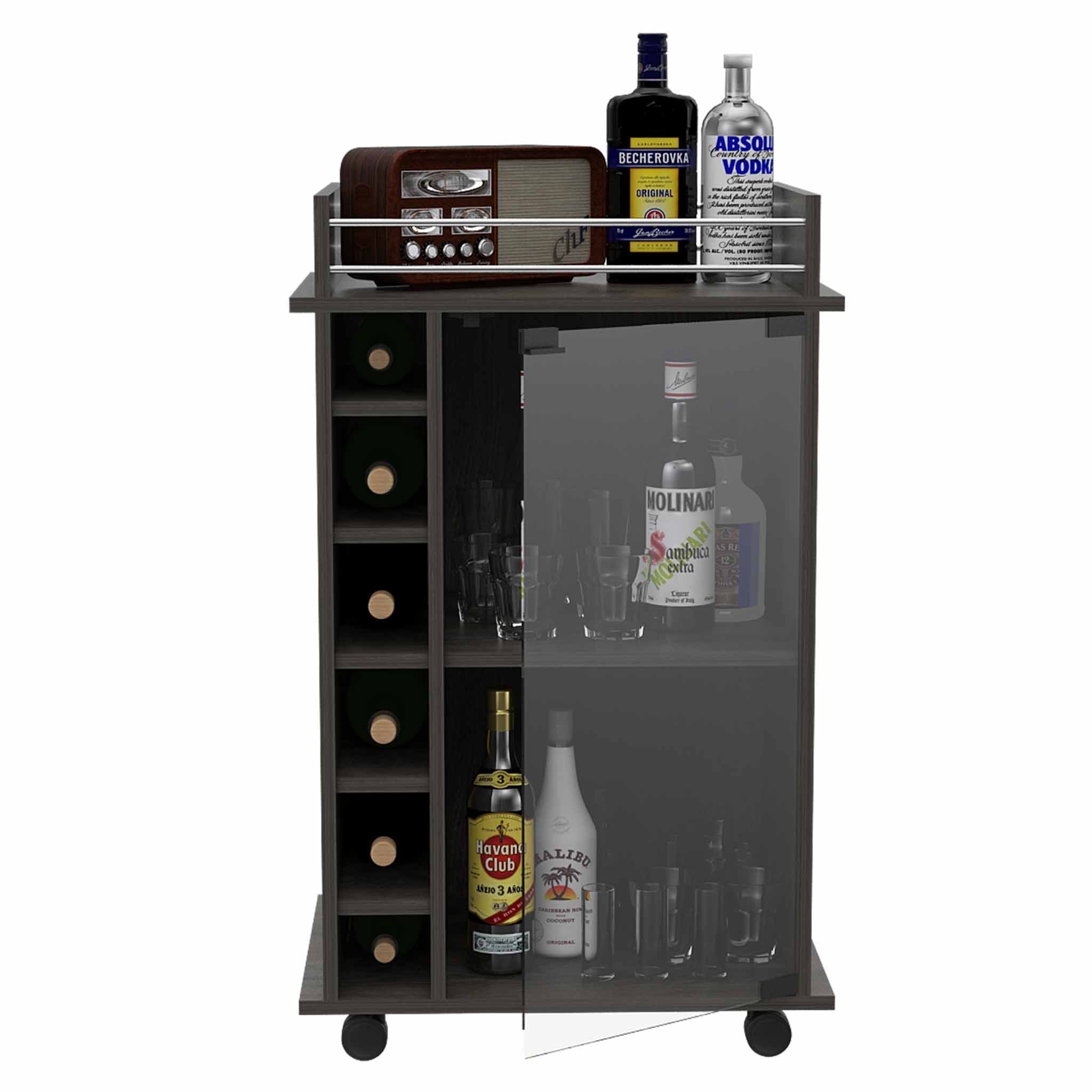 FM FURNITURE Vegas Bar Cart, With One Cabinet, Six Bottle Cubbies And Four Casters