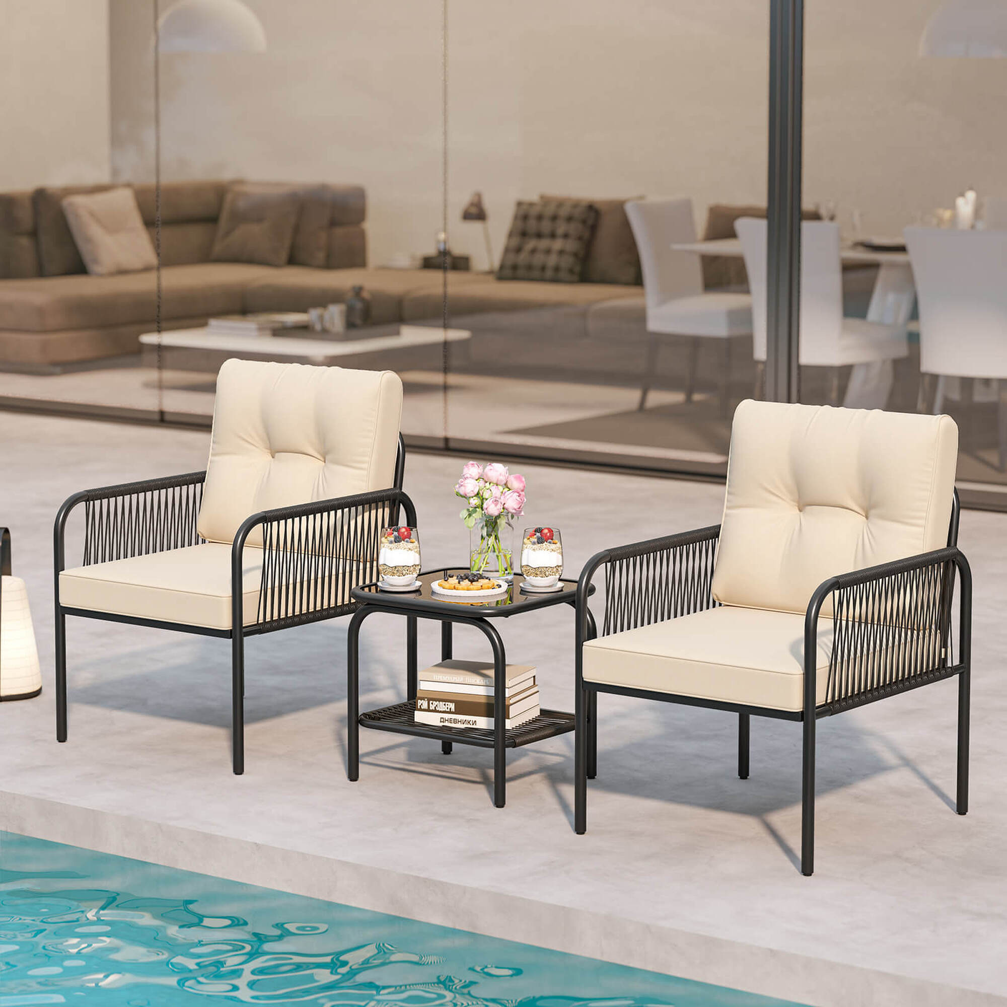 Costway 3 PCS Patio Bistro Set with Tempered Glass Table Chairs Back and Seat Cushions