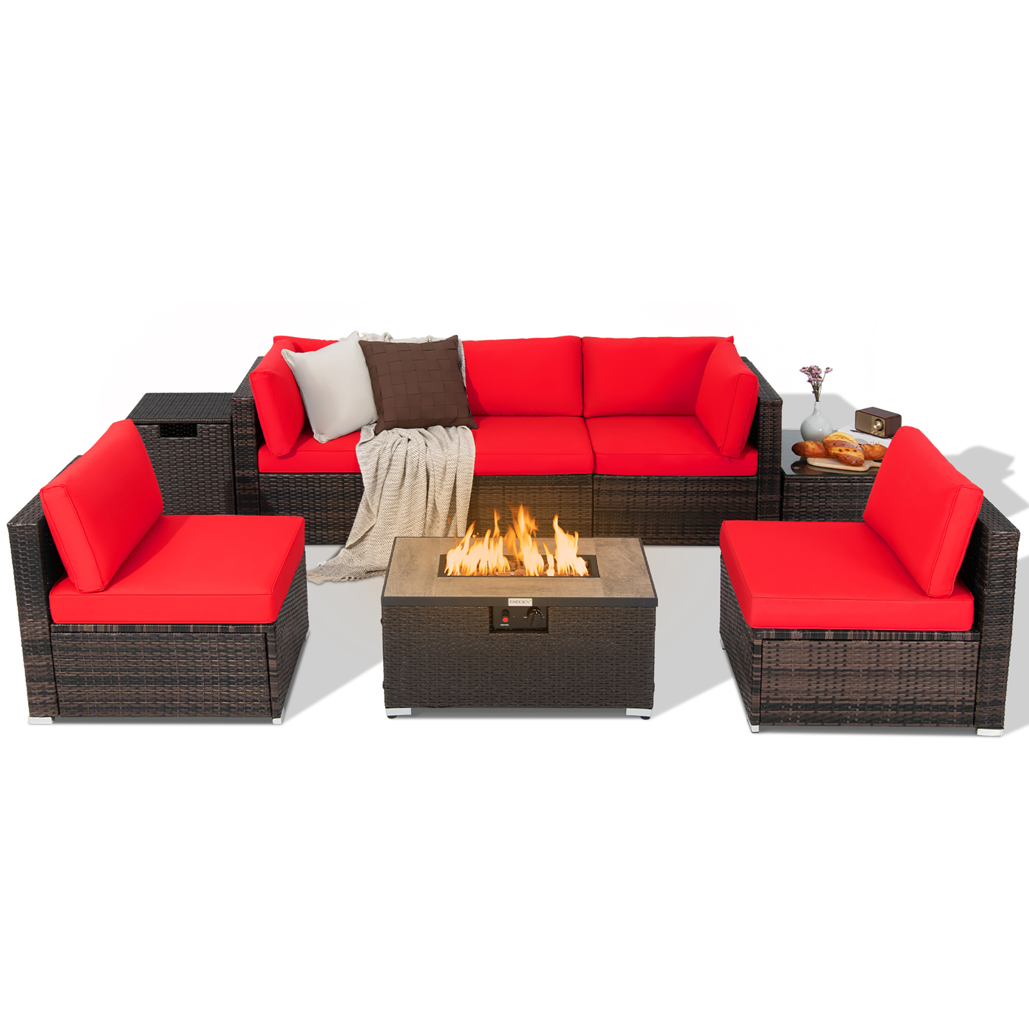 8 Piece Set: Patio Rattan Furniture Set With Fire Pit Table