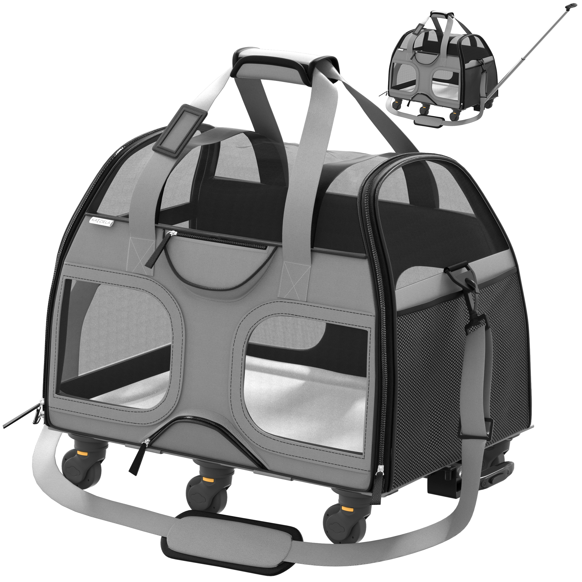 Katziela Luxury Rider Pet Carrier with Removable Wheels and Telescopic Handle (Gray)