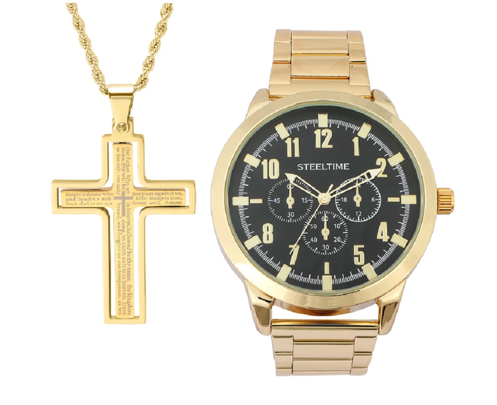 Gold Pendant & Watch Set W/ Rotating Cross Pendant