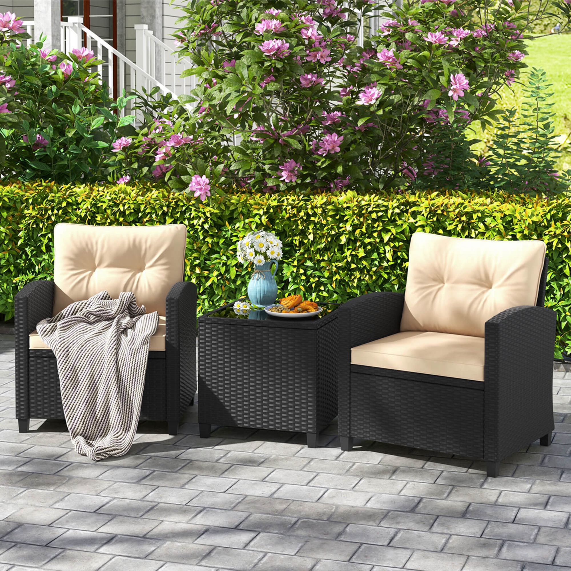 Costway 3-Piece Patio Furniture Set with Tempered Glass Coffee Table and Washable Cushions
