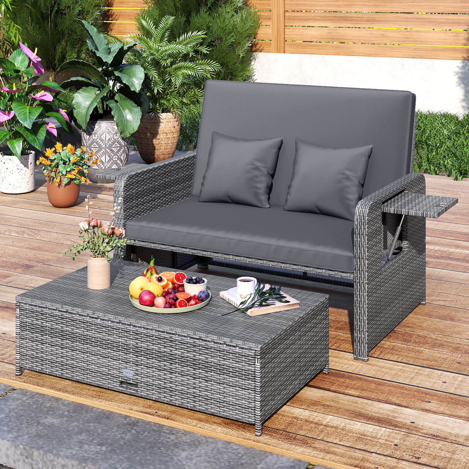 Costway Wicker Patio Daybed with Ottoman & Side Tray