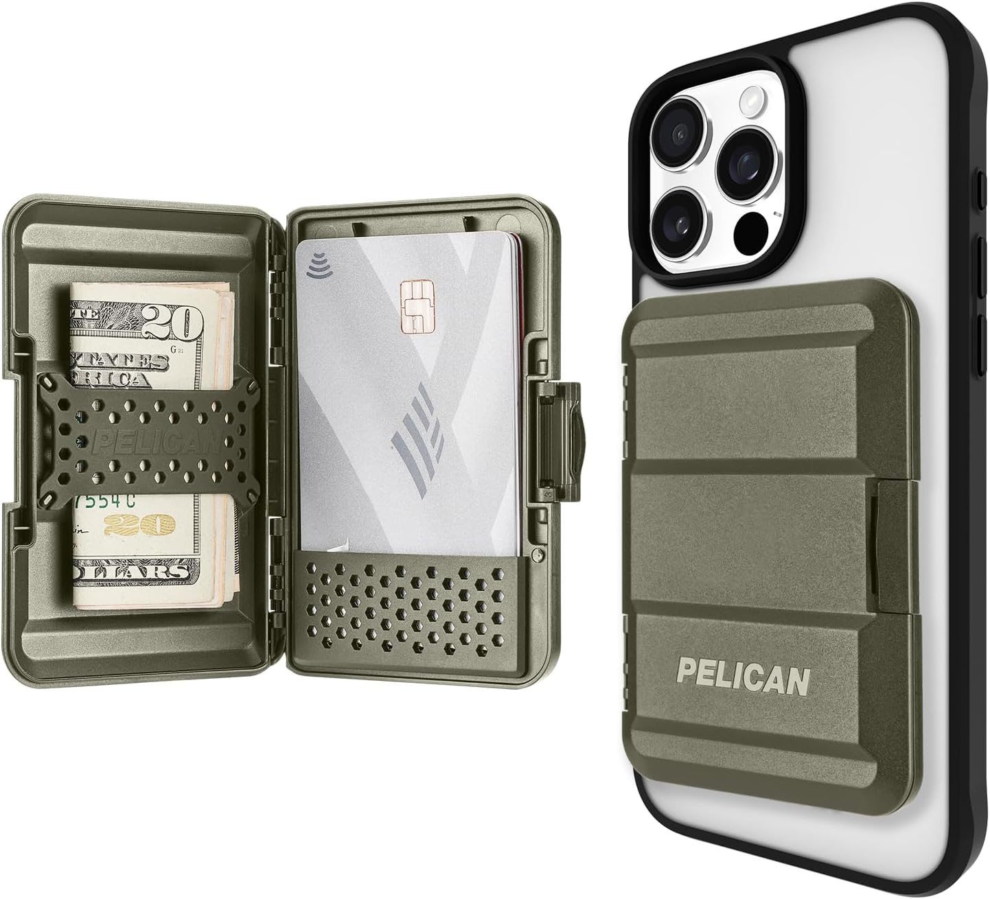 Pelican MagSafe Heavy Duty Snap-On Magnetic Wallet for iPhone - Detachable and Slim Phone Card Holder - for iPhone 16/15/14/13/12 Series - OD Green