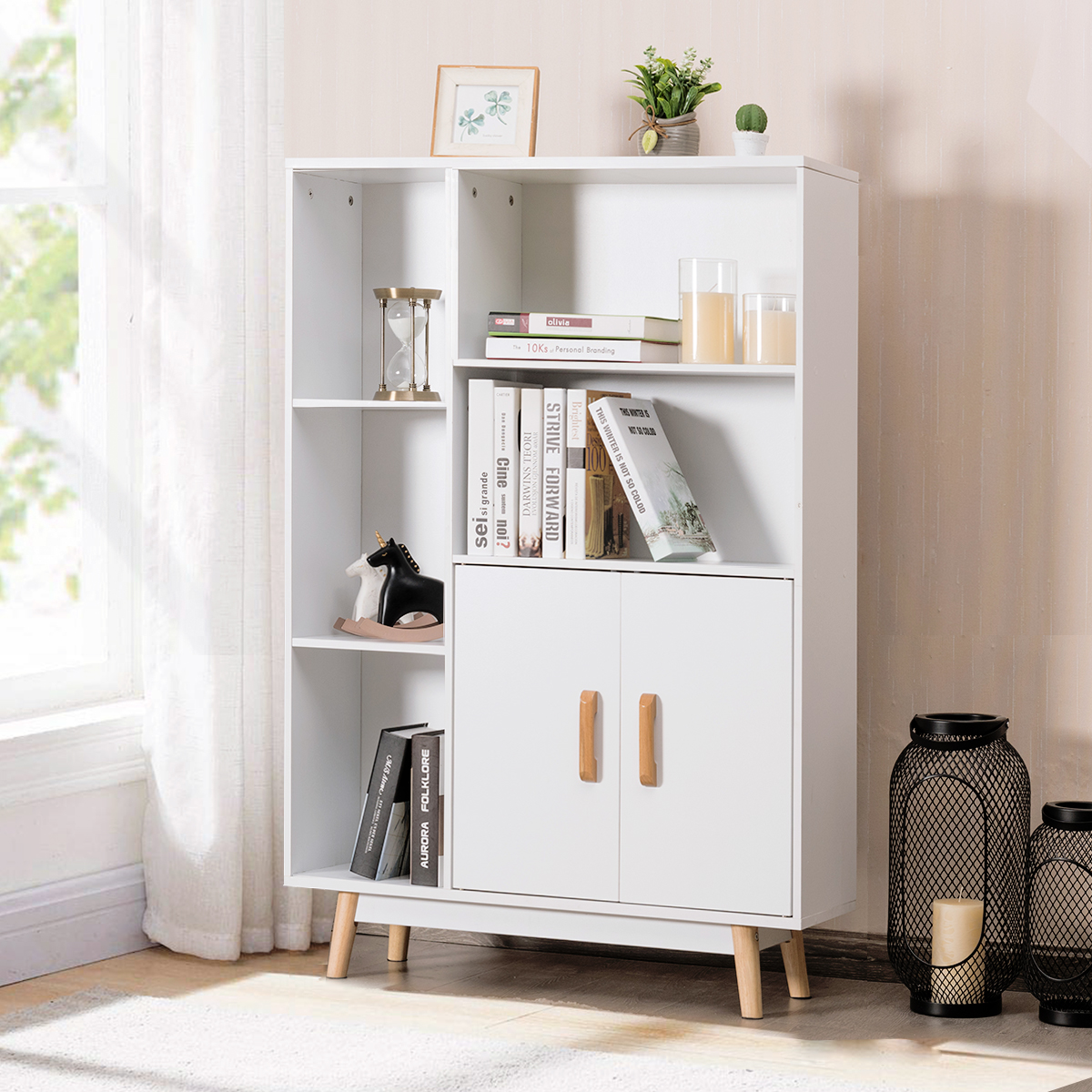 Costway Floor Storage Cabinet Free Standing Wooden Display Bookcase Side De
