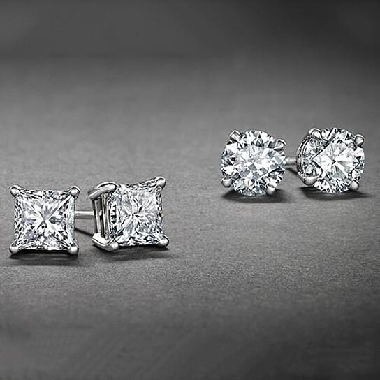 White Gold Plated Stud Earrings Cubic Zirconia Round And Princess Cut 2pc Cz Earrings Set