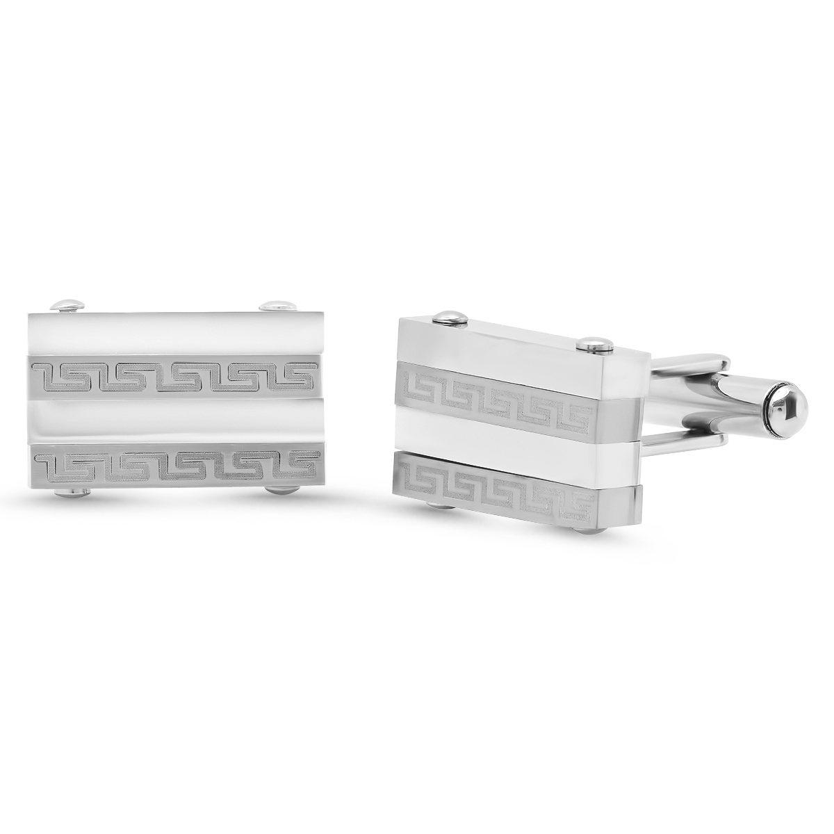 Men's Stainless Steel Rectangular Cufflinks With Greek Key Accents