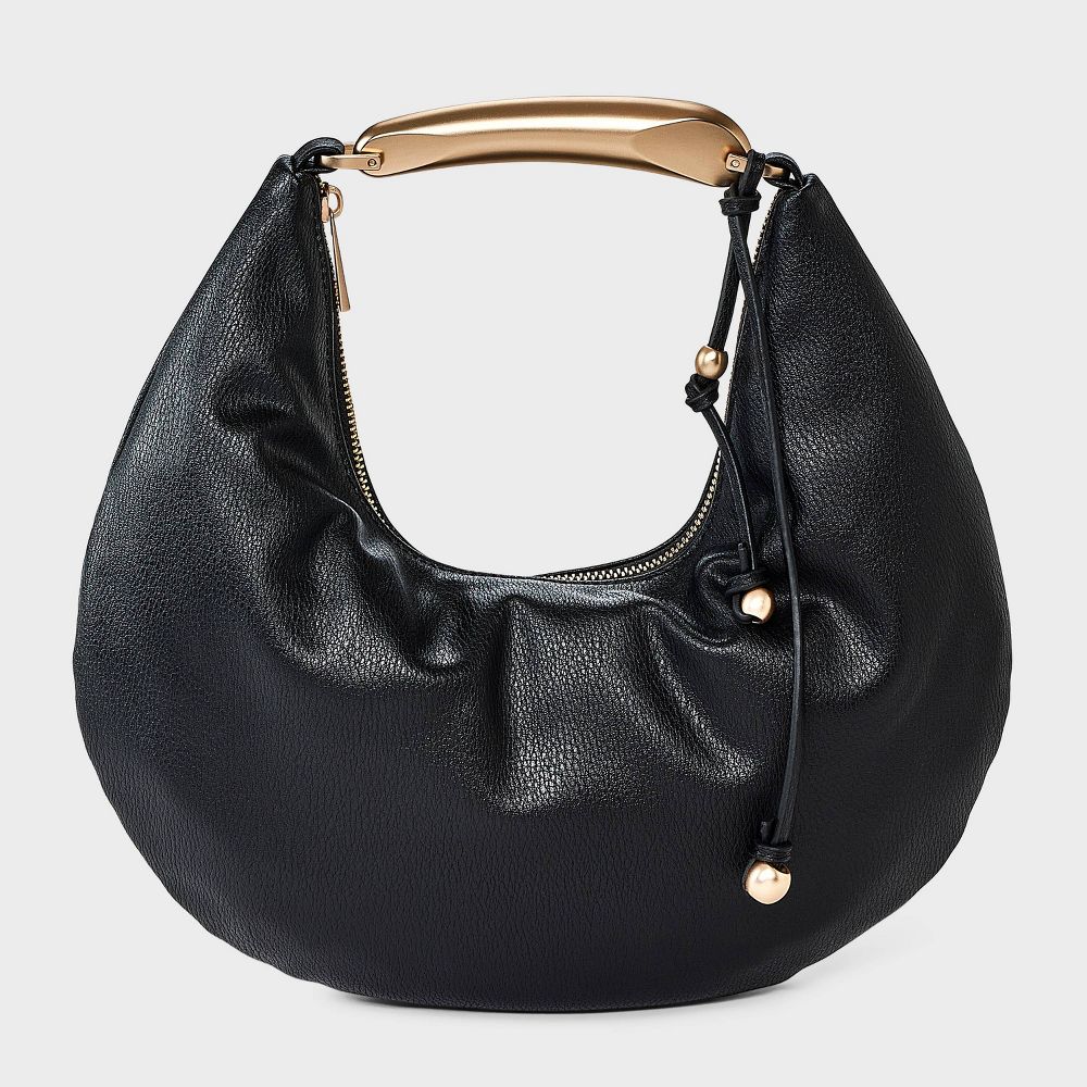 Metal Handle Crescent Saddle Handbag - A New Day Black