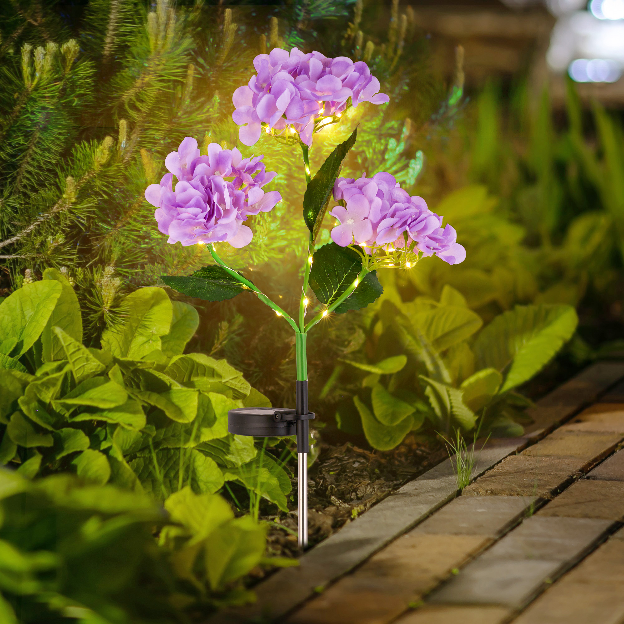 Set of 2 Solar Powered Hydrangea Garden Lights Pathway Lights