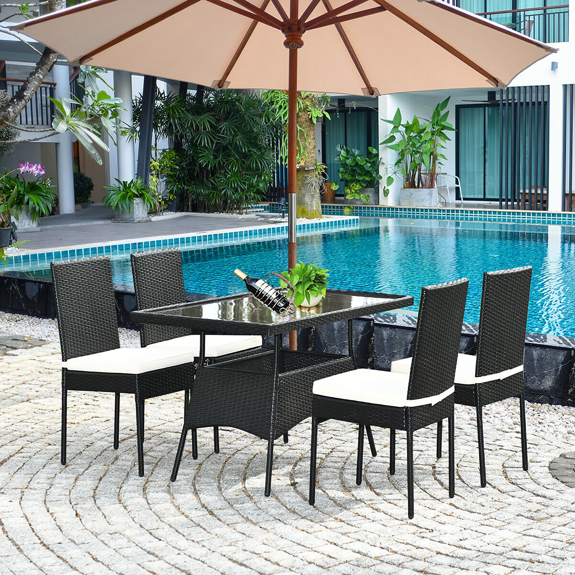 5 Piece Set: Patio Wicker Dining Set W/ Glass Table