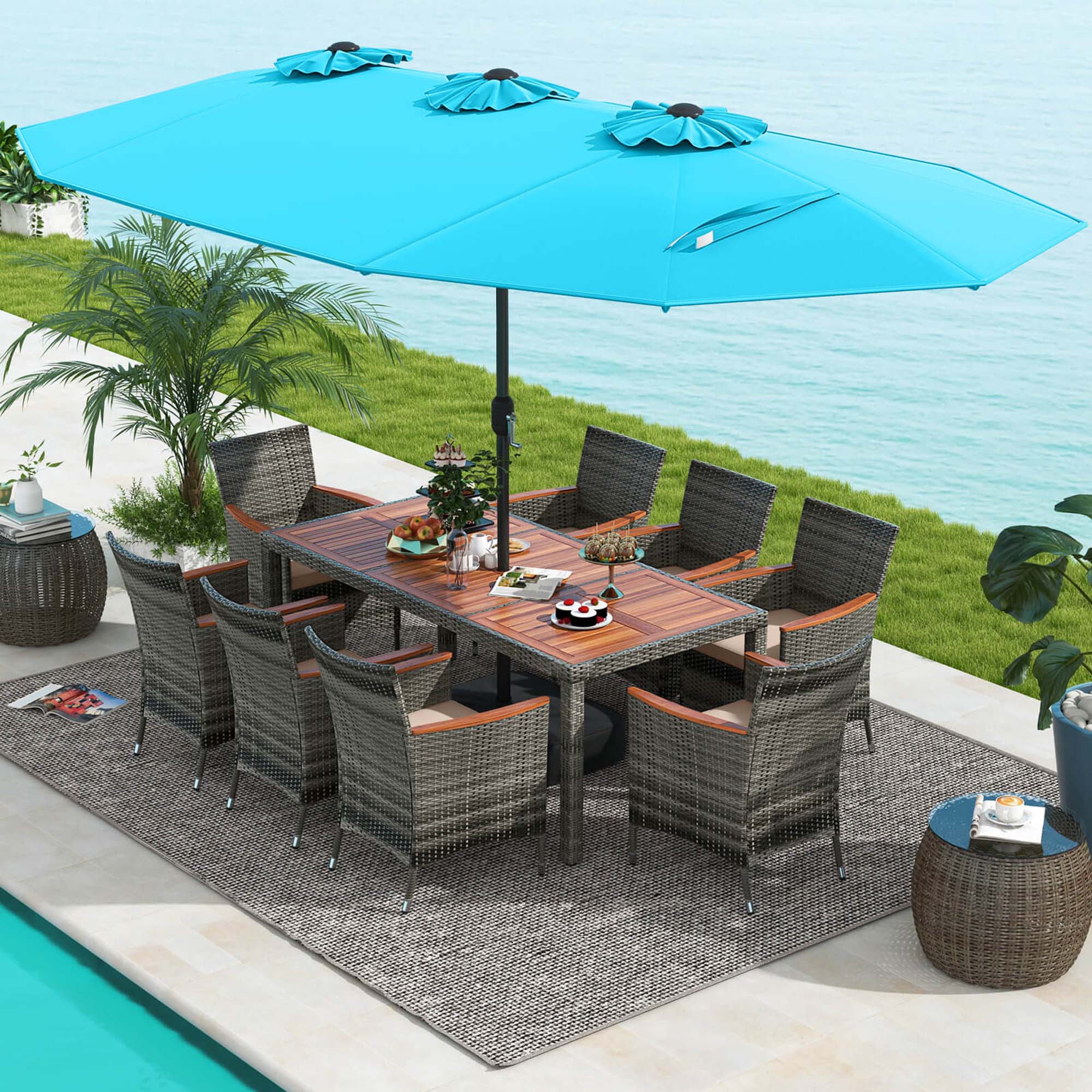 Costway 10 Pieces Patio Wicker Dining Set with Double-Sided Patio Umbrella 8 Armchairs