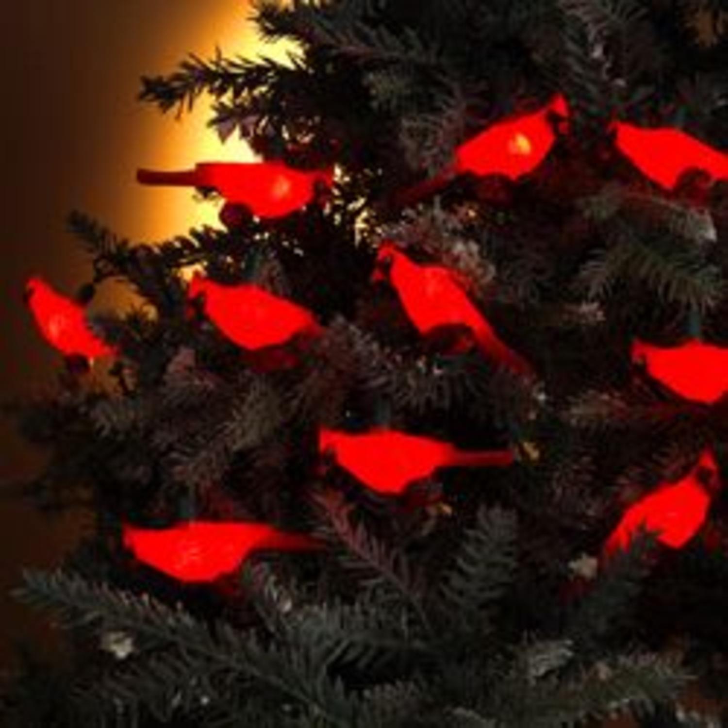 Set of 10 Festive Red Cardinal Bird Novelty Christmas Lights Green