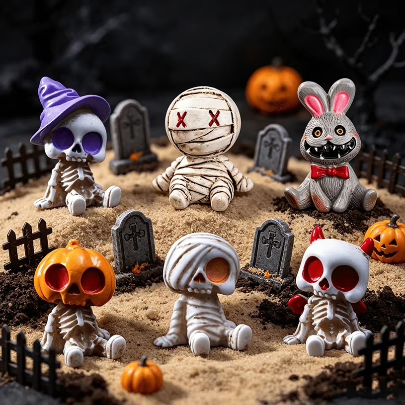 6 - Pack Spooky Mini Resin Figurines, Halloween Skeleton Decor