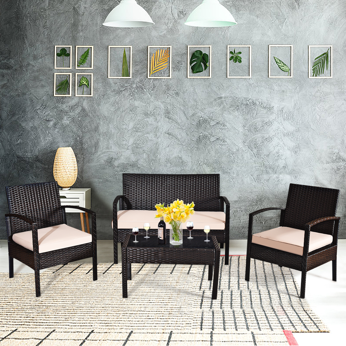 4 Piece Set: Costway Patio Rattan Conversation Furniture Set