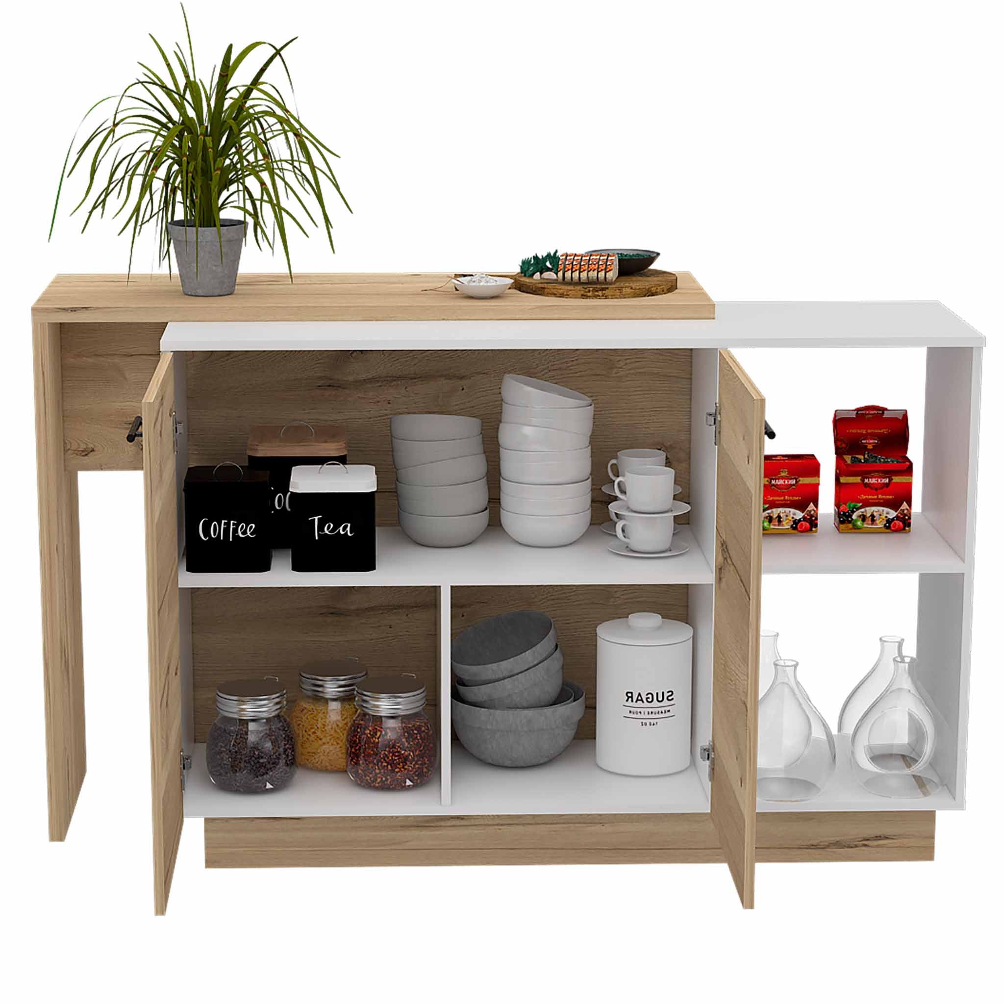 FM FURNITURE Aspen Kitchen Island, With Two uncovered shelves and 1 drawer with 3 divisions