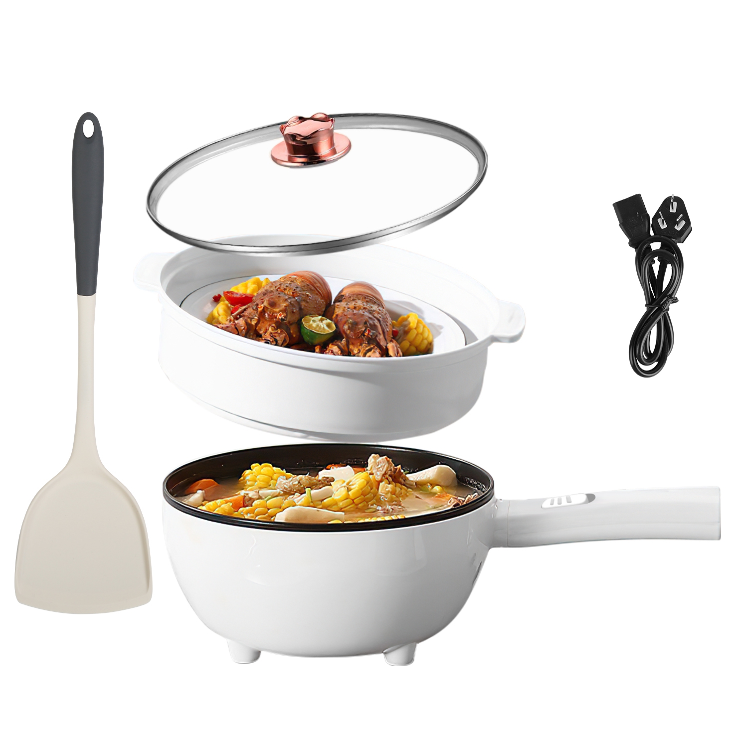 Electric Hot Pot Non-Stick Frying Pan Portable Rapid Noodles Cooker with Long Handle Steamer Spatula Dual Power Control