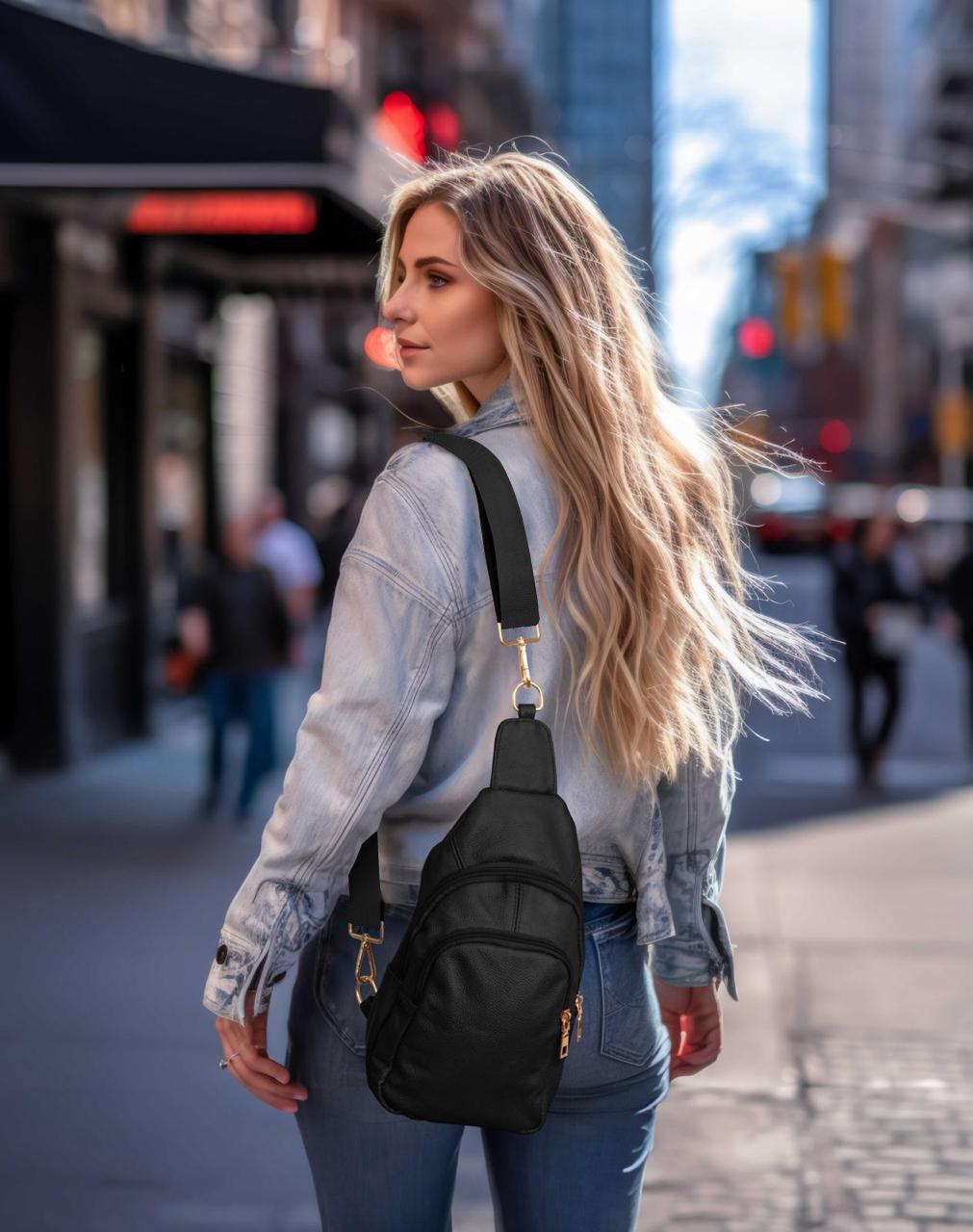 Real Leather Solid Strap Shoulder Sling Bag- Black