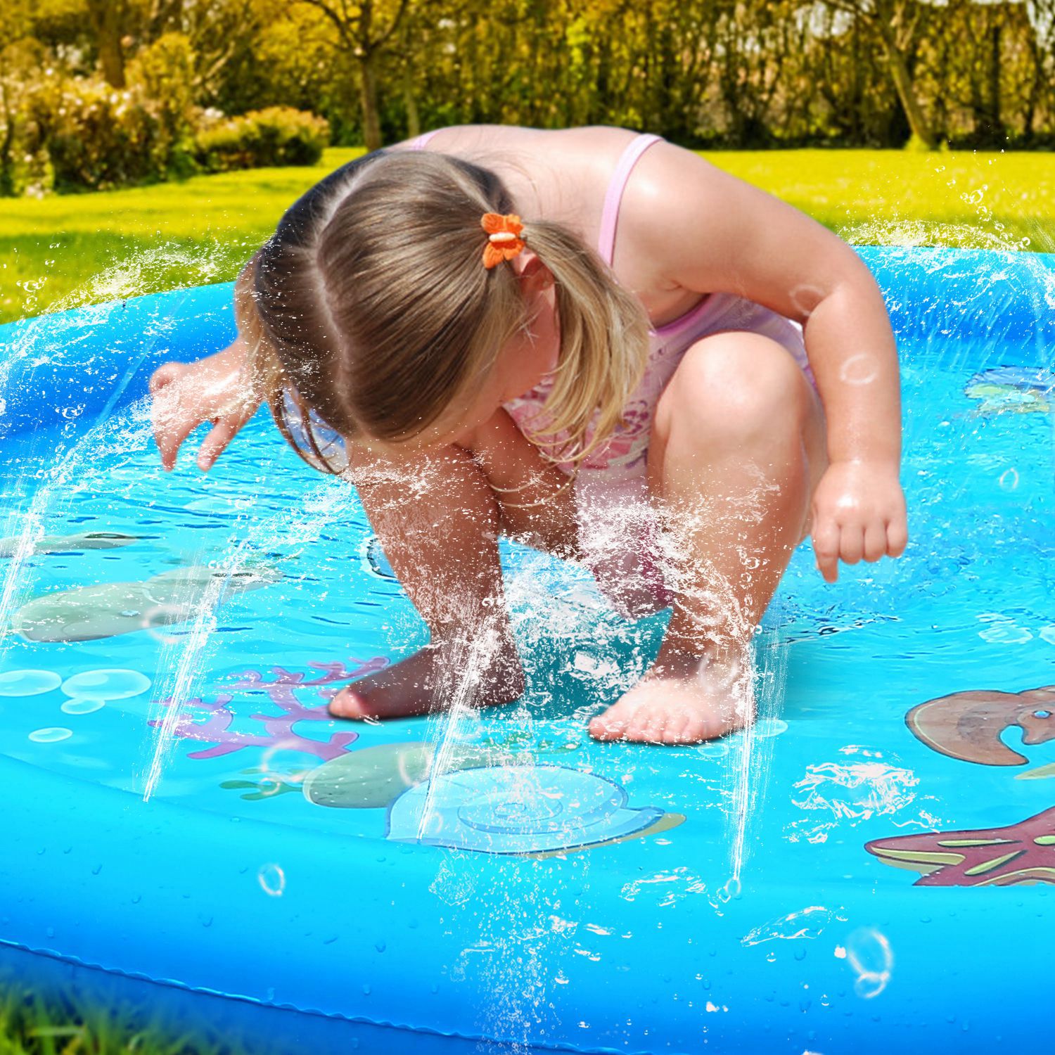Sprinkler & Splash Pad For Kids 68IN Inflatable Blow Up Pool Sprinkle Play Mat