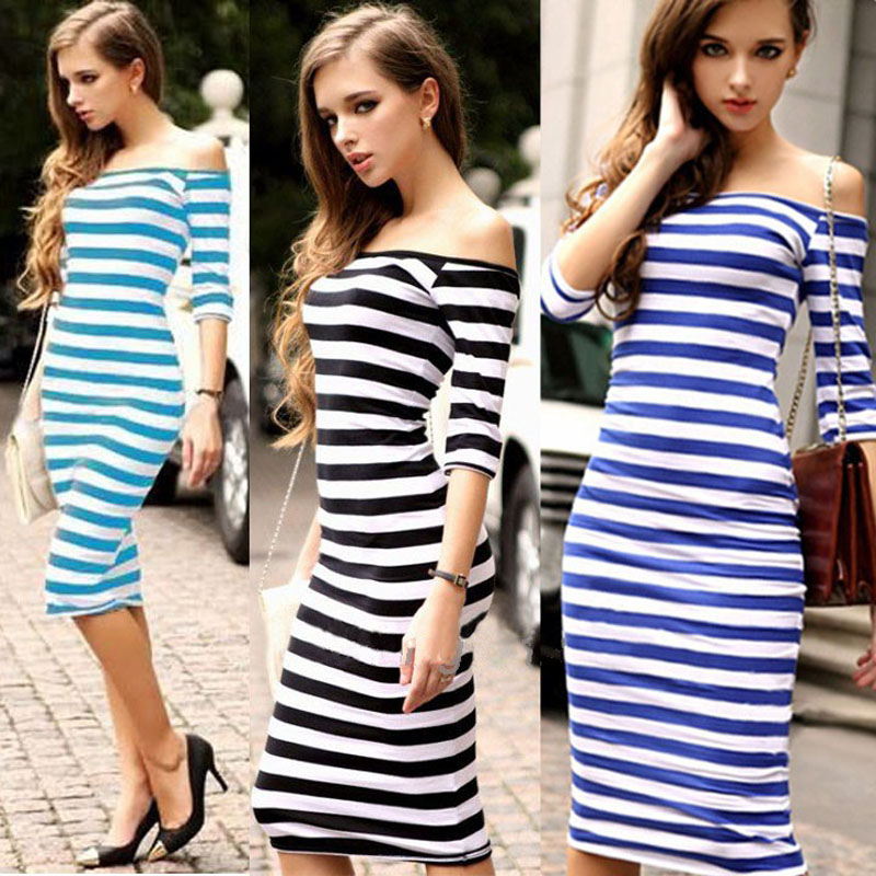 Fashion Women Stripe Strapless Half Sleeve Evening Party Dress Fashion Women Stripe Strapless Half Sleeve Evening Party Dress