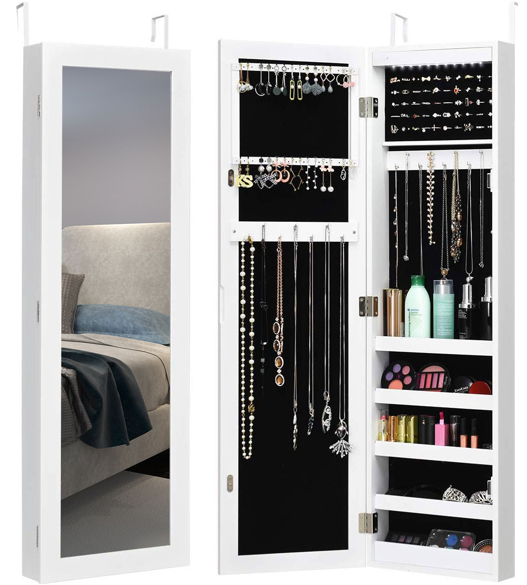Costway Wall Door Mounted Mirrored Jewelry Cabinet Organizer Storage LED Li