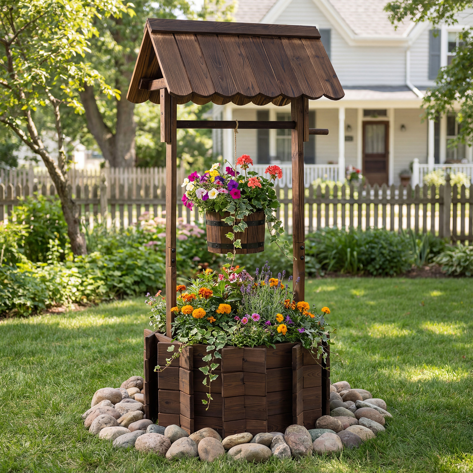 Outdoor Wooden Wishing Well Bucket Flower Plants Planter Patio Garden Home Decor