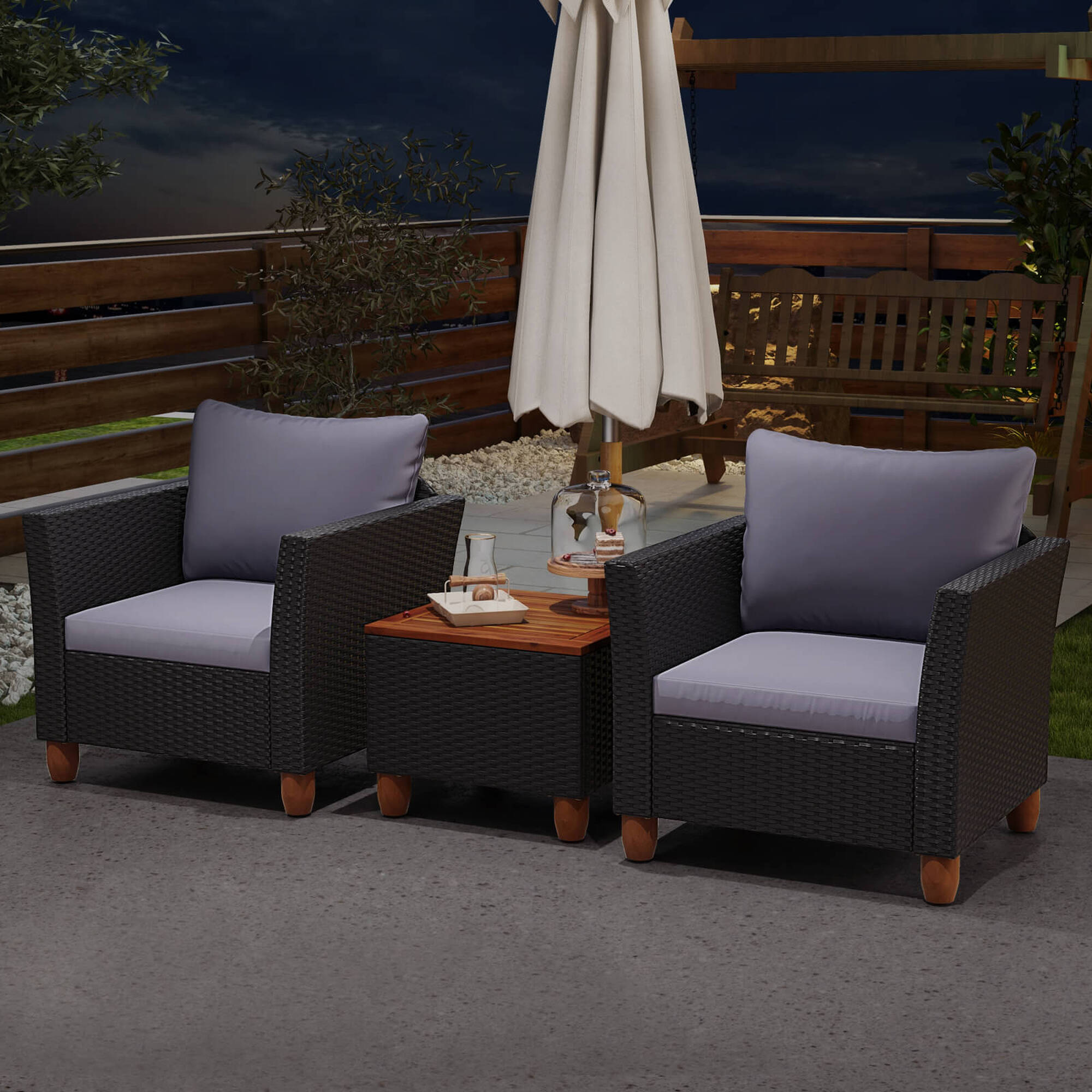 Costway 3PCS Patio Rattan Furniture Set Cushioned Sofa Storage Table with Wood Top