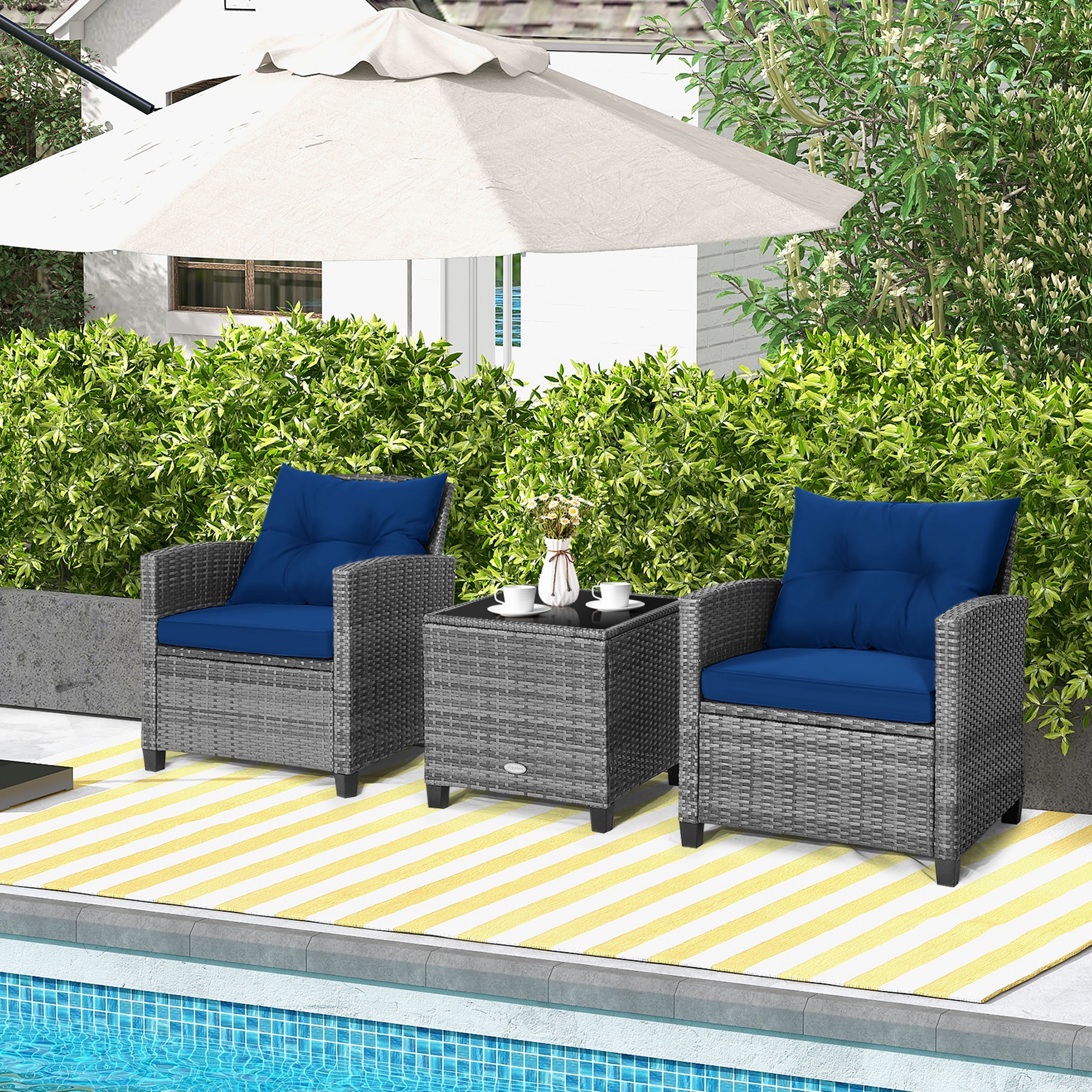 Costway 3-Piece Patio Rattan Furniture Bistro Set Cushioned Sofas Side Table Armrest